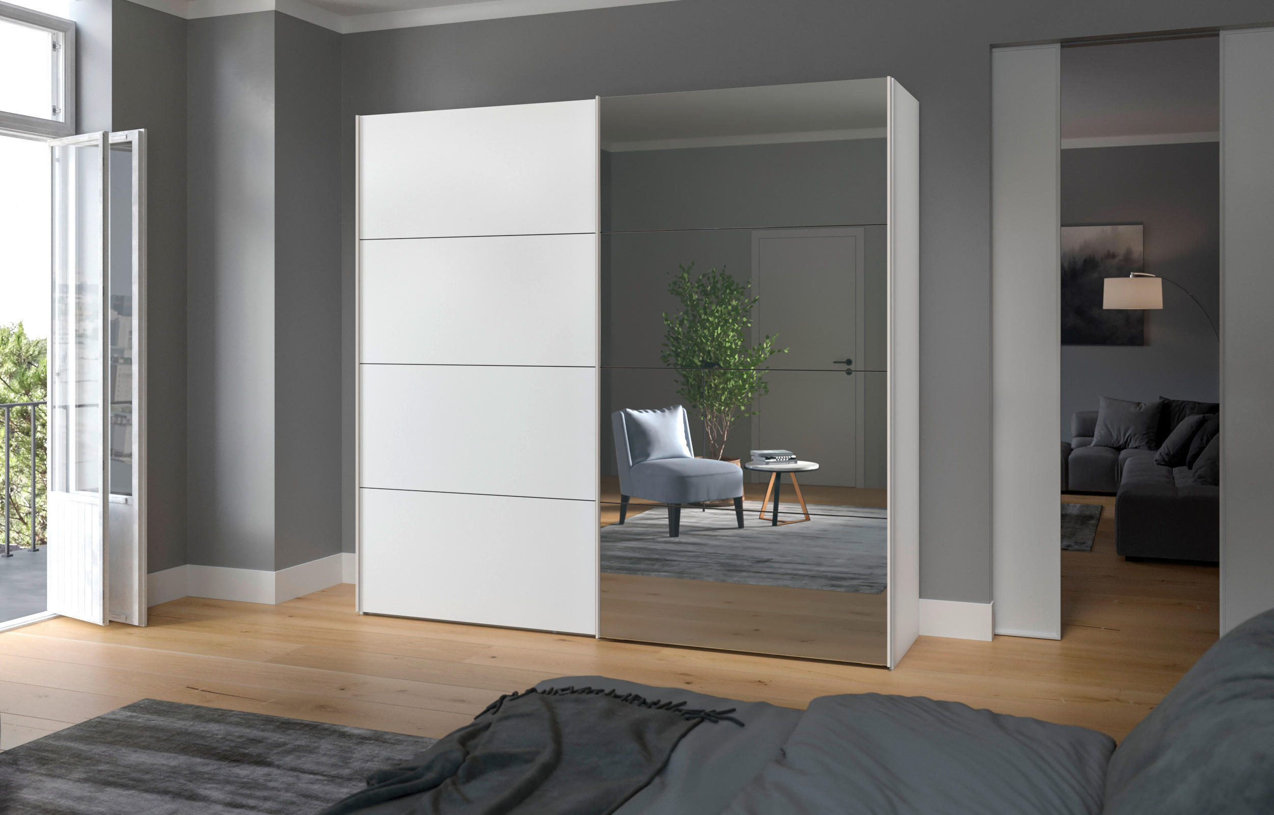 SCHWEBETÜRENSCHRANK  in Weiß  - Edelstahlfarben/Weiß, Design, Glas/Holzwerkstoff (253/236/65cm) - Boxxx