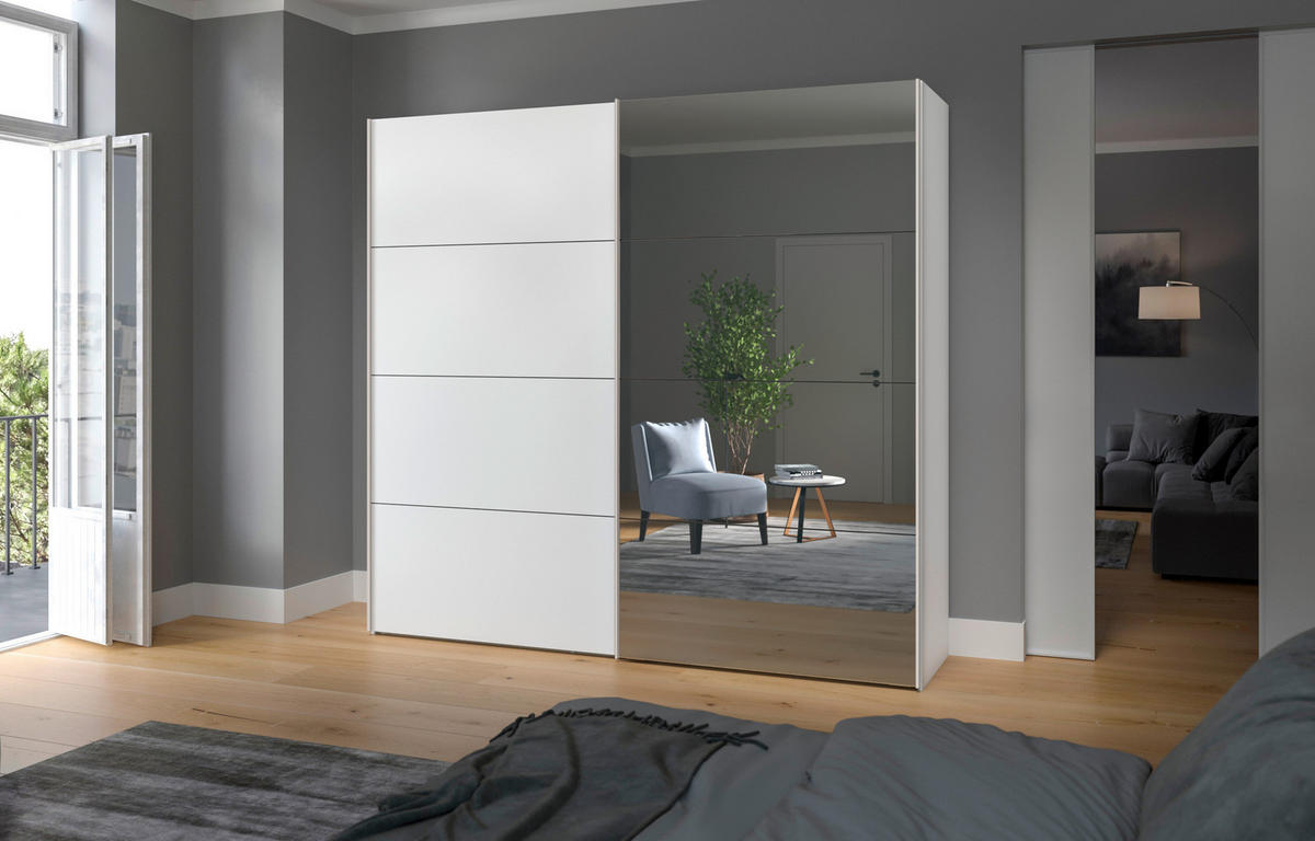 SCHWEBETÜRENSCHRANK  in Weiß  - Edelstahlfarben/Weiß, Design, Glas/Holzwerkstoff (253/236/65cm) - Boxxx