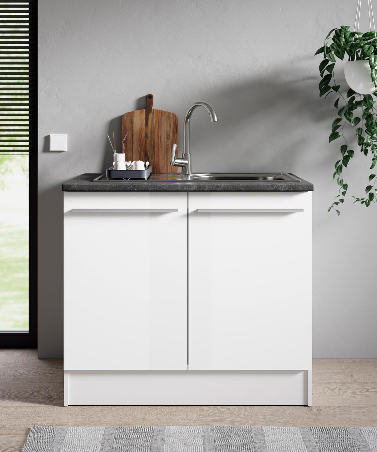 SPÜLENUNTERSCHRANK 100/90/60 cm  in Weiß, Weiß Hochglanz  - Weiß Hochglanz/Silberfarben, Design, Holzwerkstoff/Kunststoff (100/90/60cm) - MID.YOU