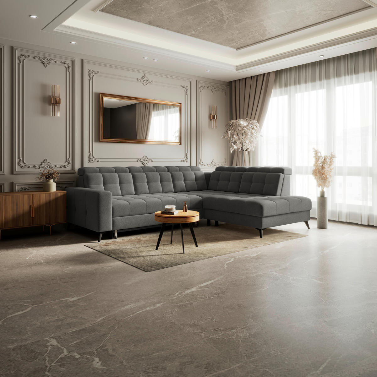 HÖRNSOFFA i velour mörkgrå  - mörkgrå/svart, Romantik / Lanthus, metall/textil (289/228cm) - MID.YOU