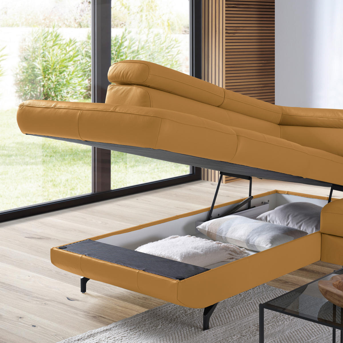 ECKSOFA in Echtleder Senfgelb  - Senfgelb/Schwarz, Design, Leder/Metall (220/270cm) - Novel