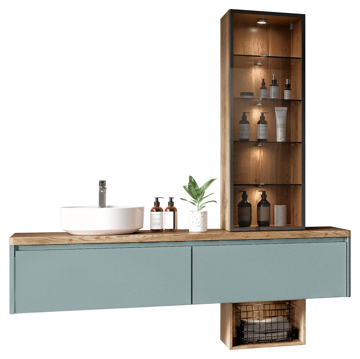 WASCHTISCHKOMBI 185,2 cm  - Eichefarben/Schwarz, MODERN, Glas/Keramik (185,2cm) - Celina Home