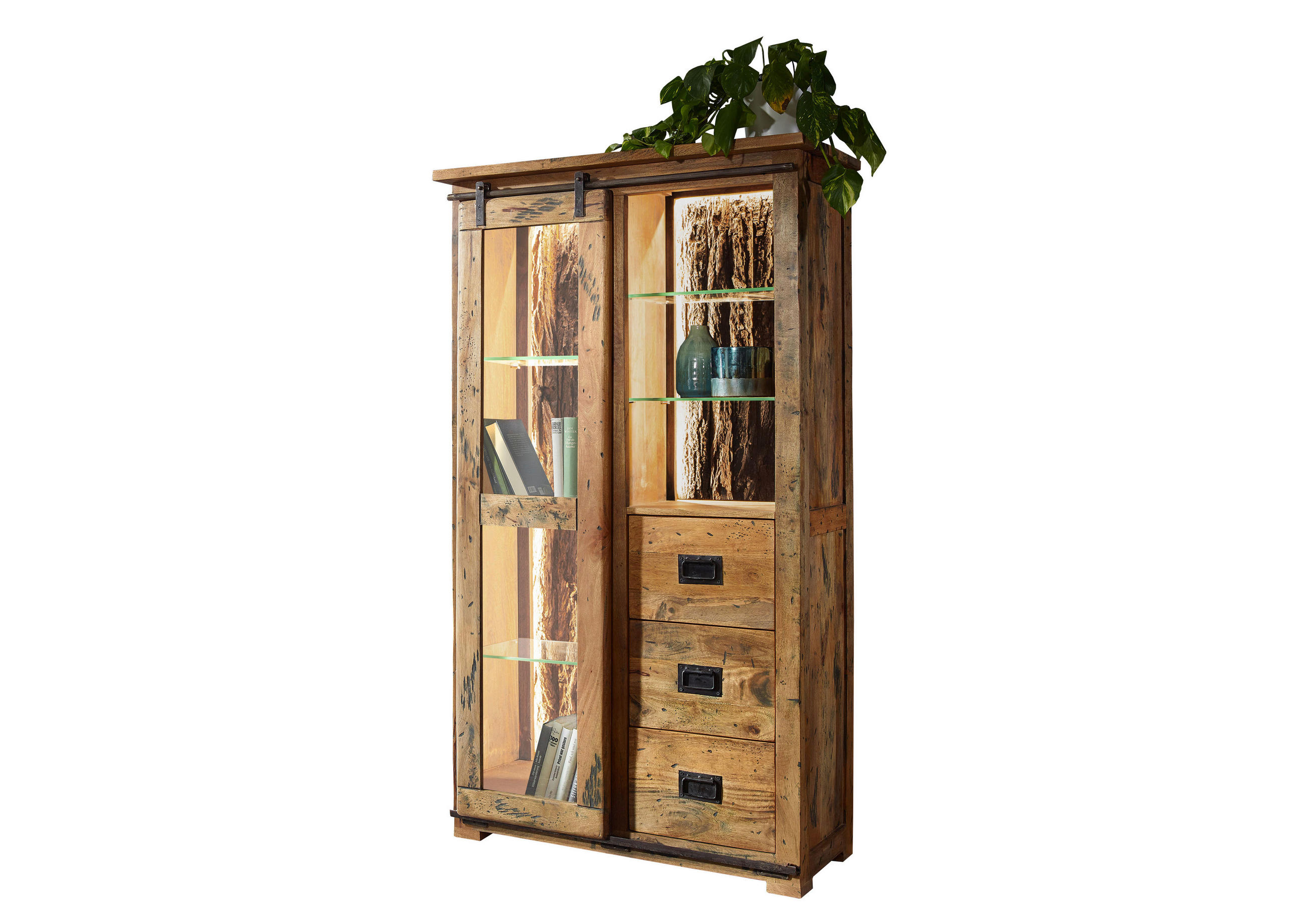 VITRINE in massiv Mangoholz Braun, Schwarz  - Schwarz/Braun, KONVENTIONELL, Glas/Holz (100/175/45cm) - Livetastic