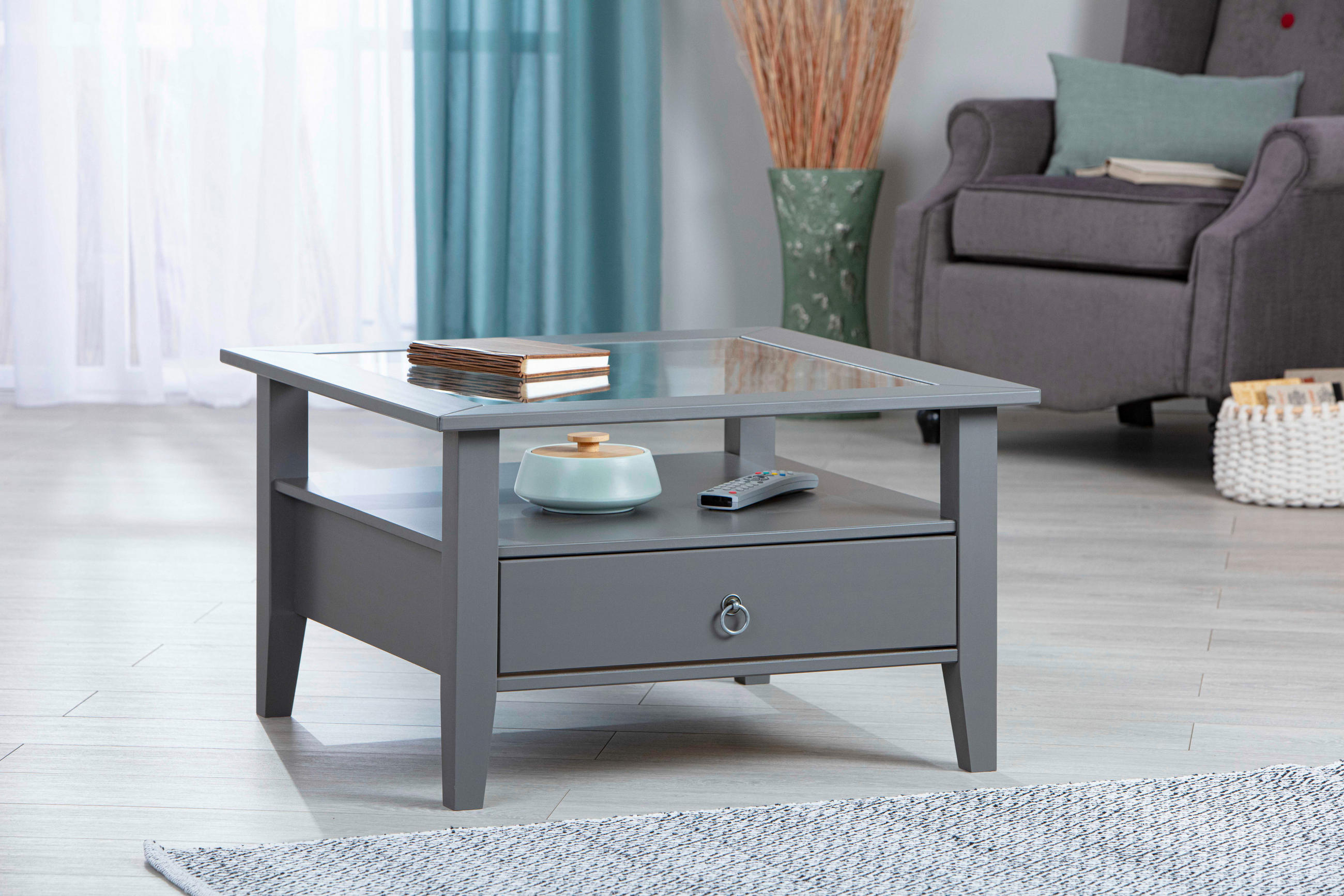 COUCHTISCH Kiefer massiv 75/75/45 cm quadratisch Grau  - Grau, Basics, Glas/Holz (75/75/45cm) - MID.YOU