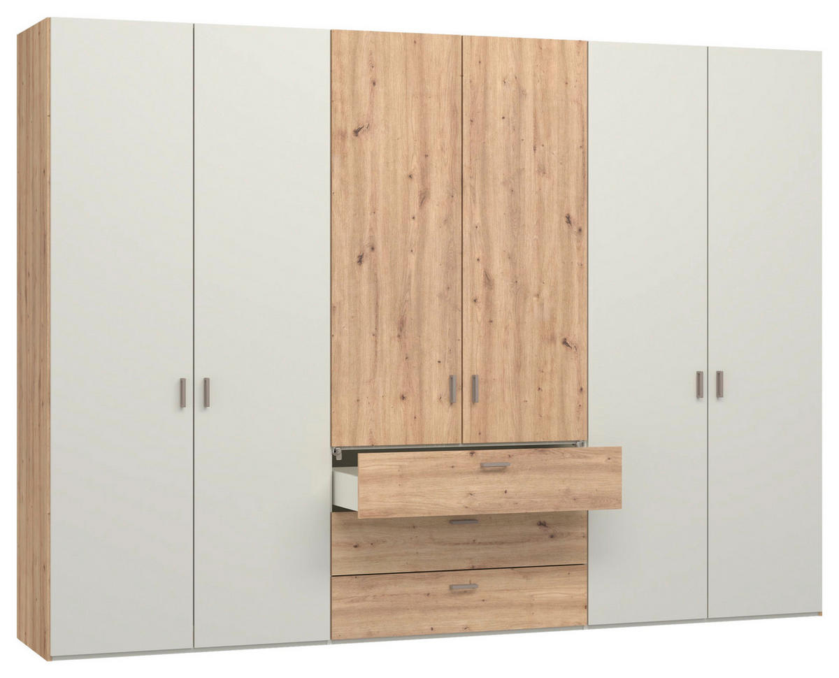 KLEIDERSCHRANK 303/220/59 cm,  in Creme, Weiß, Eiche Artisan, 6-türig  - Hellbraun/Creme, Design, Holzwerkstoff/Metall (303/220/59cm) - Jutzler