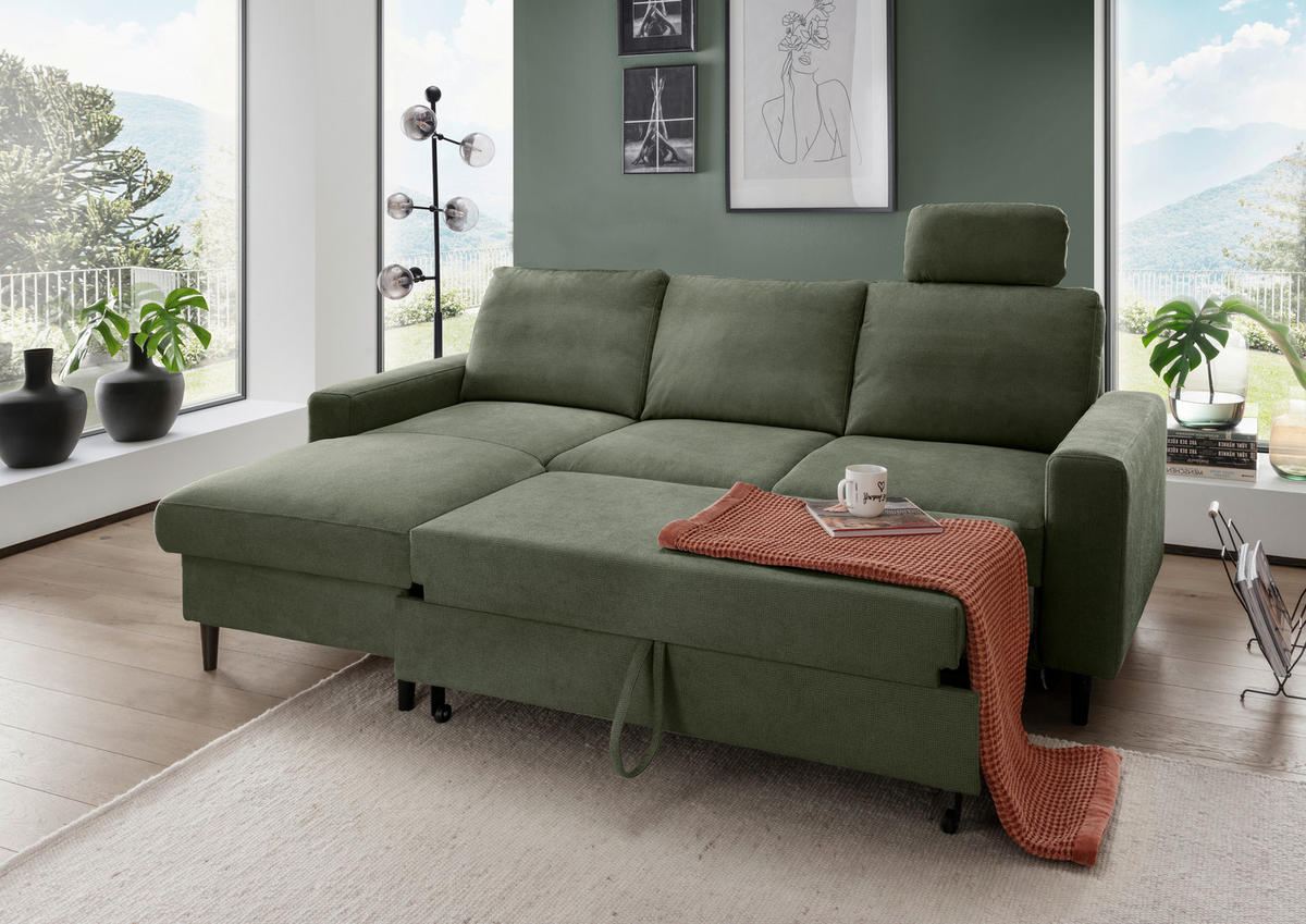 ECKSCHLAFSOFA Chenille Dunkelgrün  - Dunkelgrün/Schwarz, MODERN, Holz/Textil (147/234cm) - Livetastic