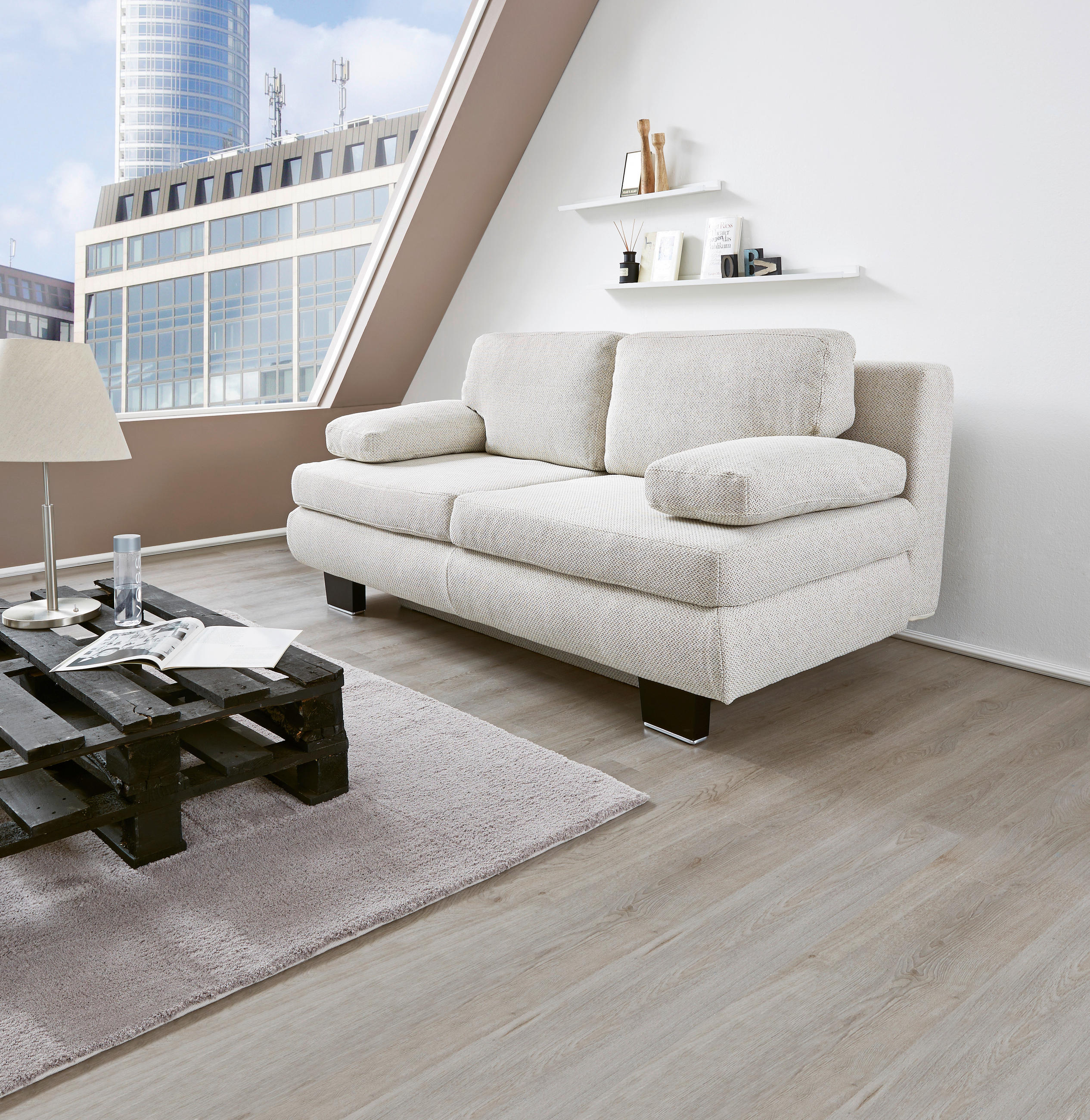 SCHLAFSOFA Macy  mit Fußauswahl, Stoffauswahl, Schlafen auf Sitzhöhe, Rücken echt Beige  - Wengefarben/Beige, Design, Holz/Textil (203/94/100cm) - Novel