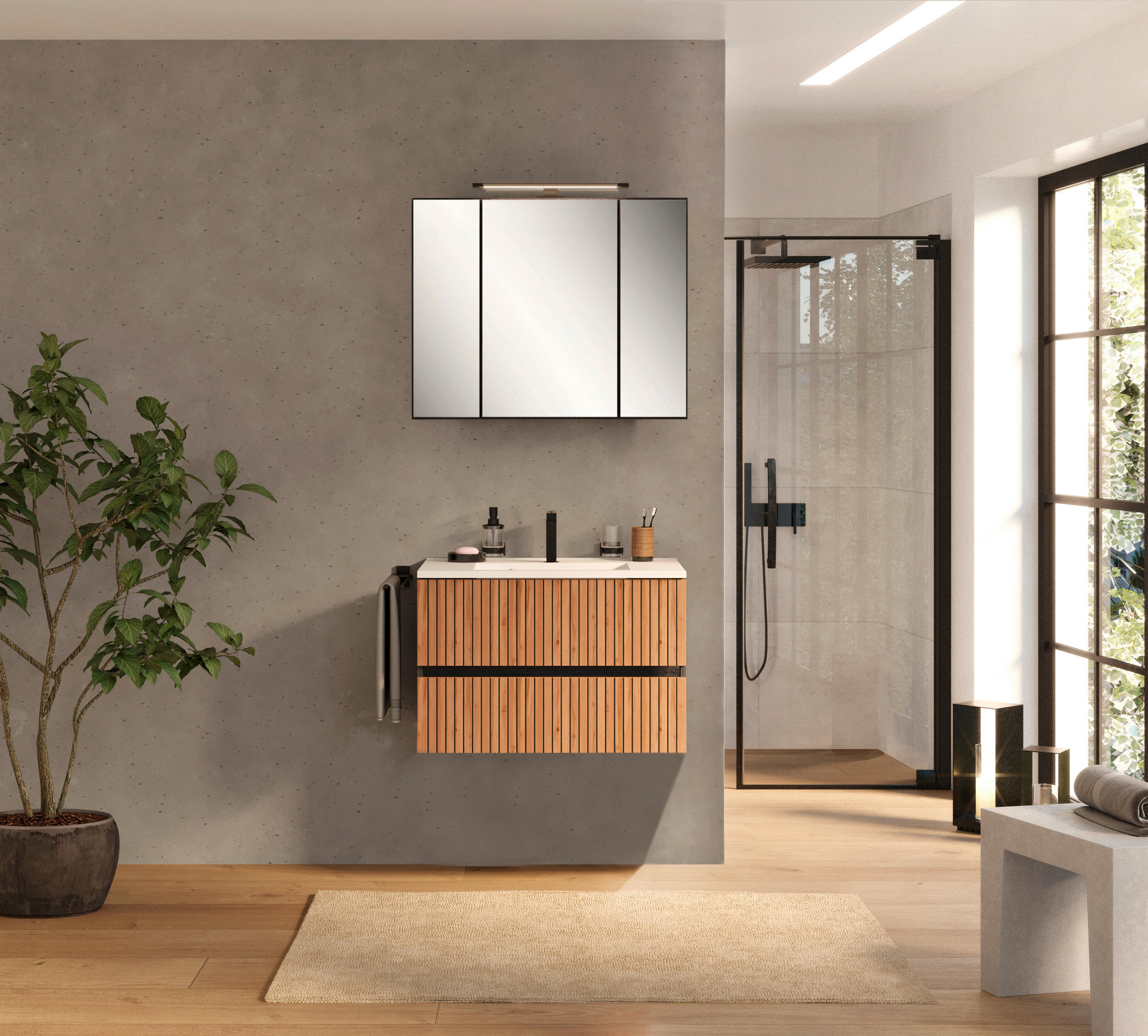 BADEZIMMER  in 80 cm  - Eiche Wotan/Graphitfarben, KONVENTIONELL, Glas/Holzwerkstoff (80cm) - Xora