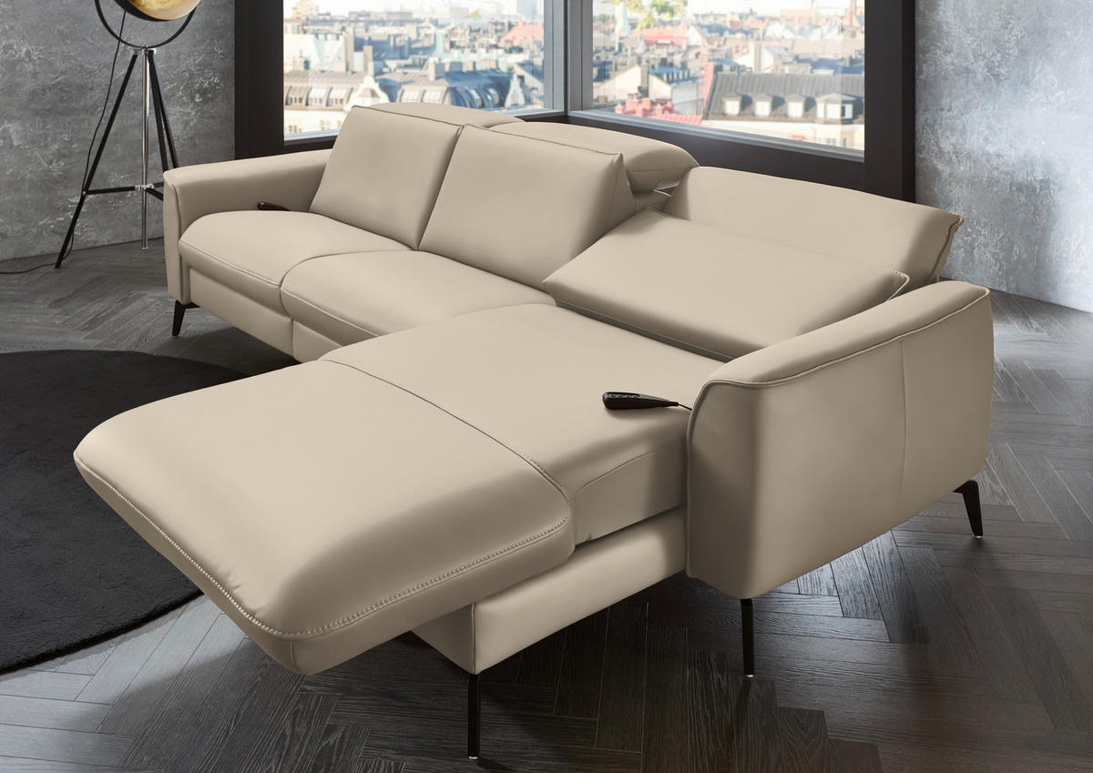 ECKSOFA in Echtleder Ecru  - Ecru/Schwarz, Natur, Leder/Metall (281/168cm) - Valdera