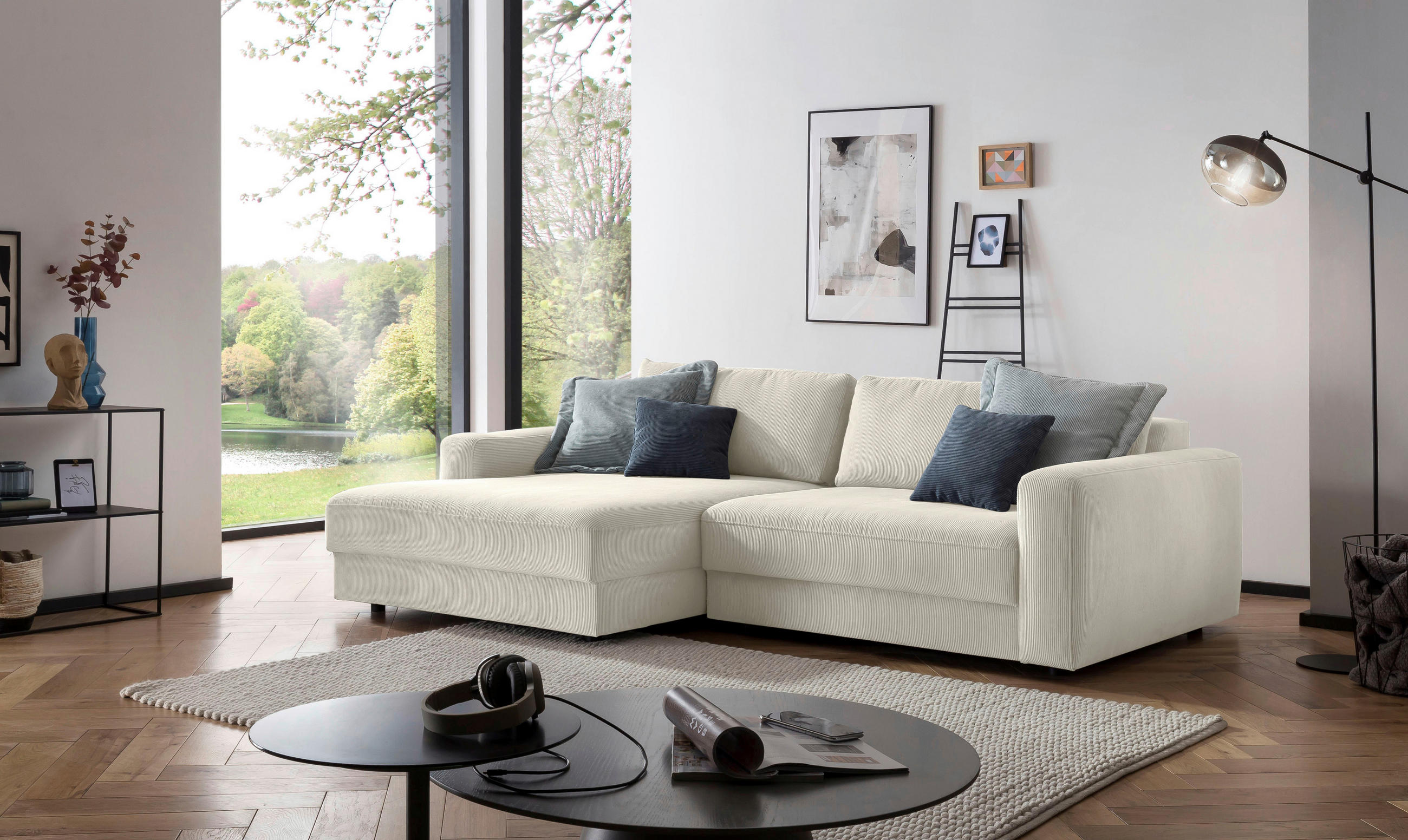ECKSOFA Creme Cord  - Creme/Schwarz, MODERN, Textil (176/250cm) - MID.YOU