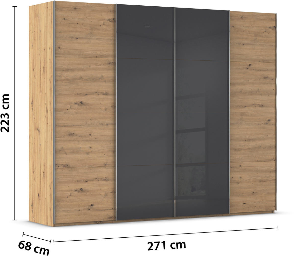 SCHWEBETÜRENSCHRANK 271/223/68 cm 4-türig Eiche Artisan  - Chromfarben/Eiche Artisan, KONVENTIONELL, Glas/Holzwerkstoff (271/223/68cm) - Novel