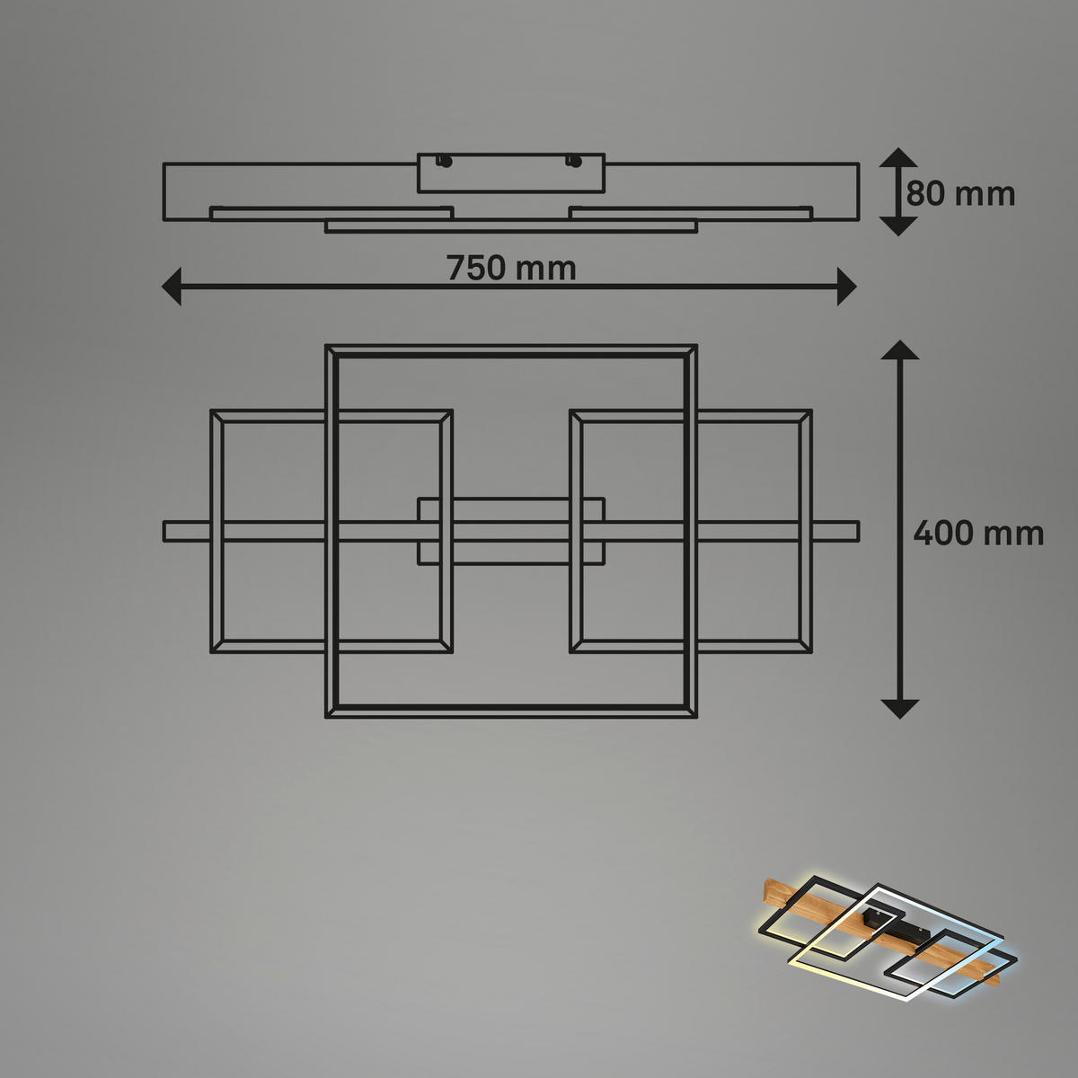 LED-DECKENLEUCHTE 75/40/8 cm   - Eichefarben/Schwarz, Natur, Holz/Metall (75/40/8cm) - Briloner