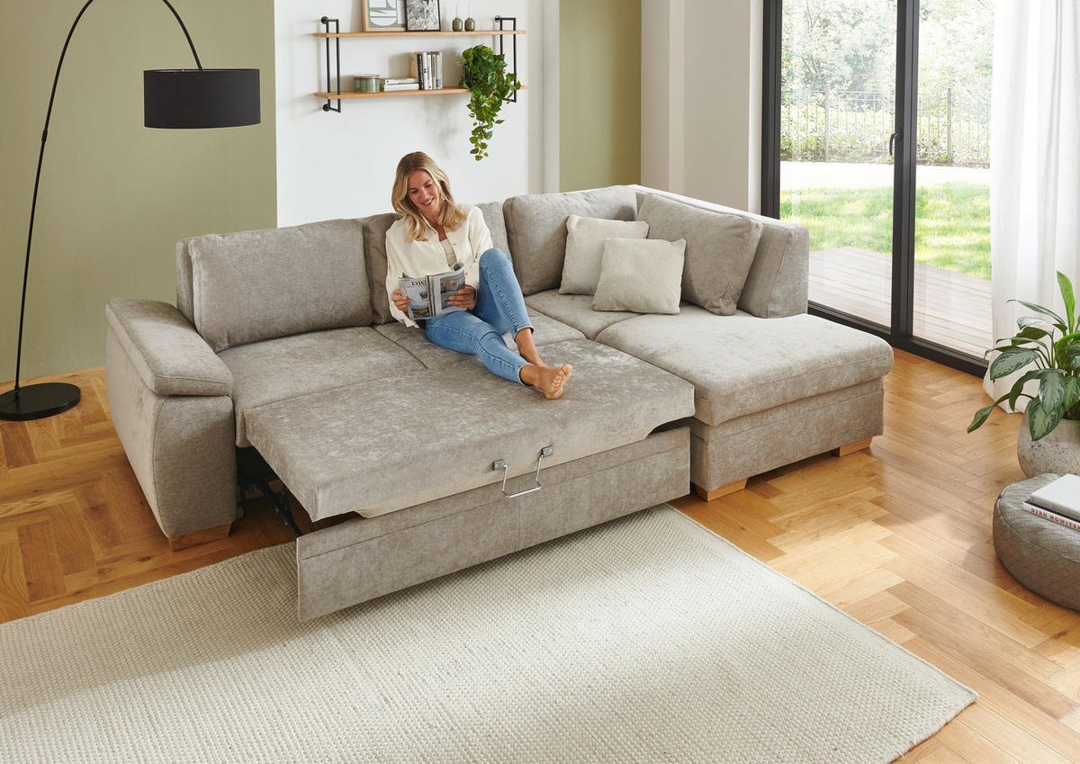 ECKSCHLAFSOFA  in Chenille Hellbraun  - Hellbraun/Eiche Bianco, KONVENTIONELL, Holz/Textil (253/170cm) - Beldomo Style