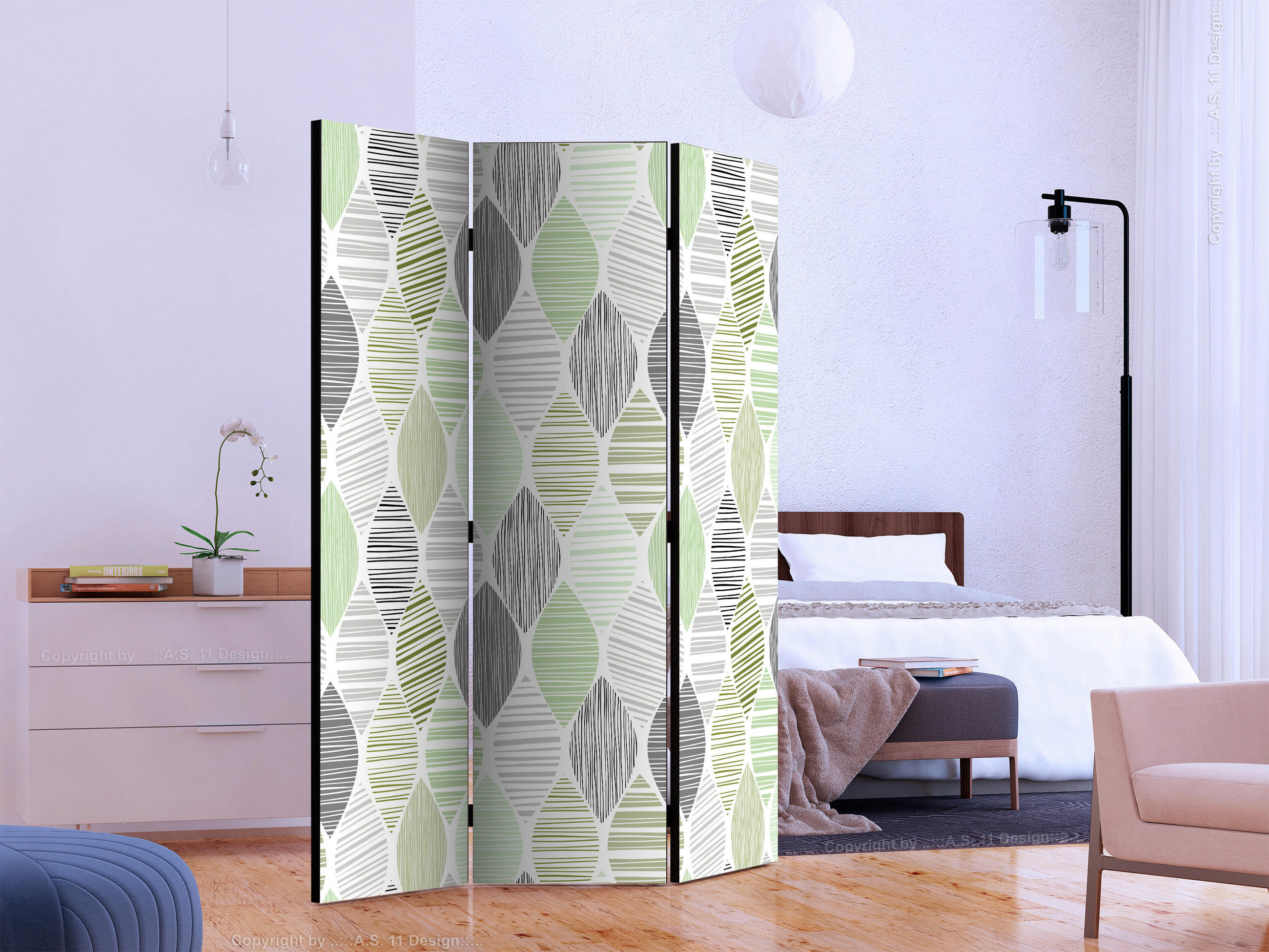 SKÄRMVÄGG  i trä, textil  grön, ljusgrå  - grön/ljusgrå, Basics, trä/textil (135/172/3cm) - artgeist
