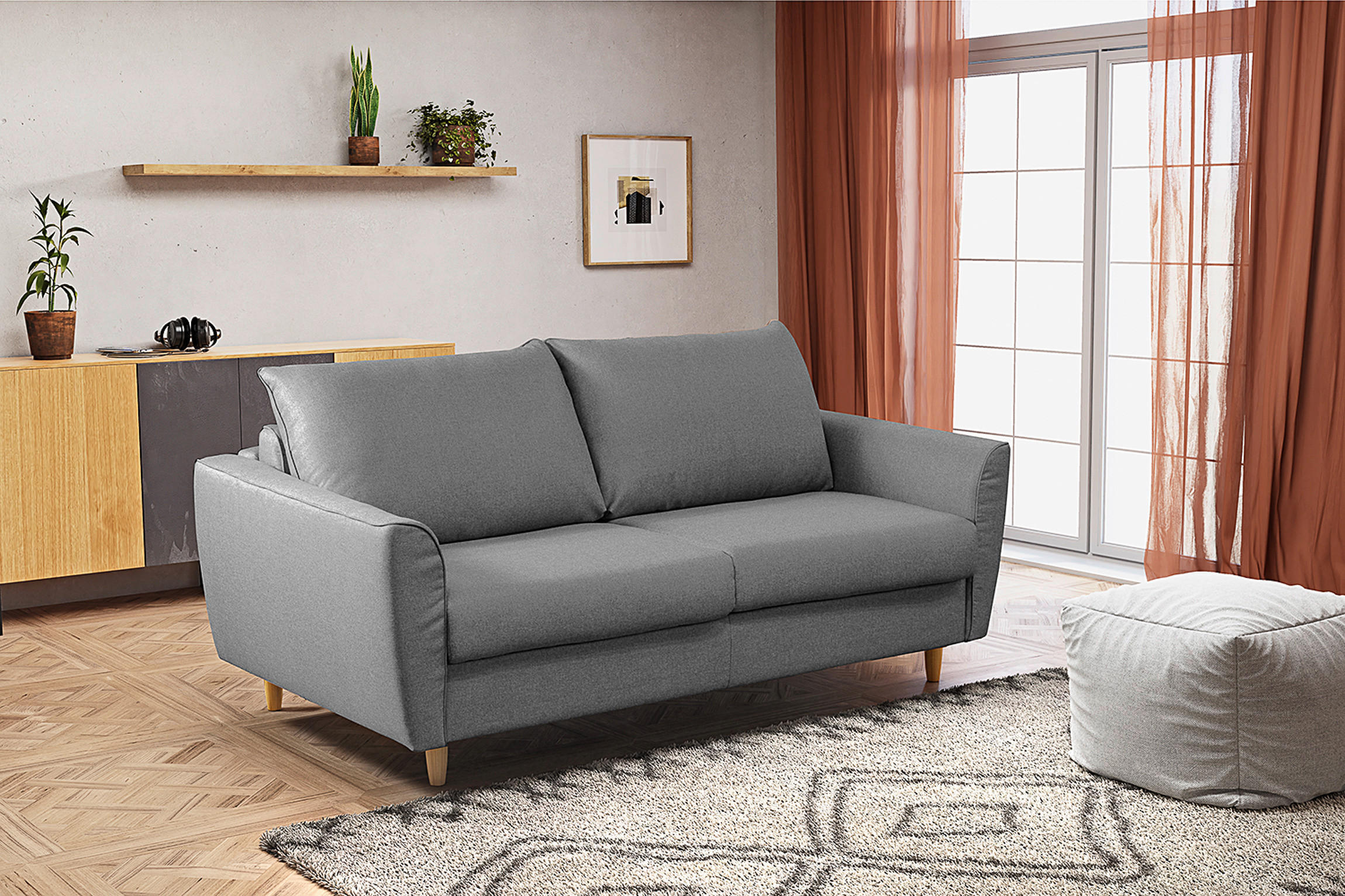 SCHLAFSOFA Flachgewebe Dunkelgrau  - Dunkelgrau/Buchefarben, Design, Holz/Textil (195/90/102cm) - Livetastic