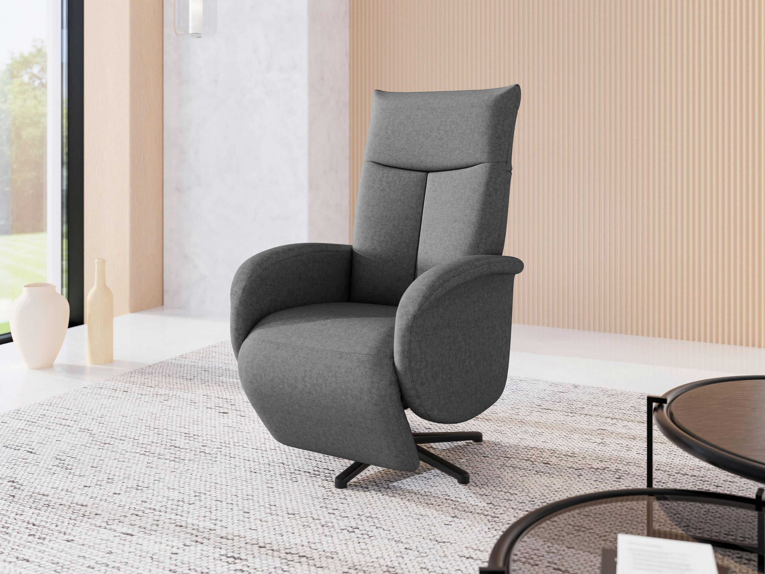 RELAXSESSEL GLENDALE E Flachgewebe Kopfteilverstellung, Rücken echt    - Dunkelgrau/Schwarz, KONVENTIONELL, Textil/Metall (75/112/82cm) - Sit & More