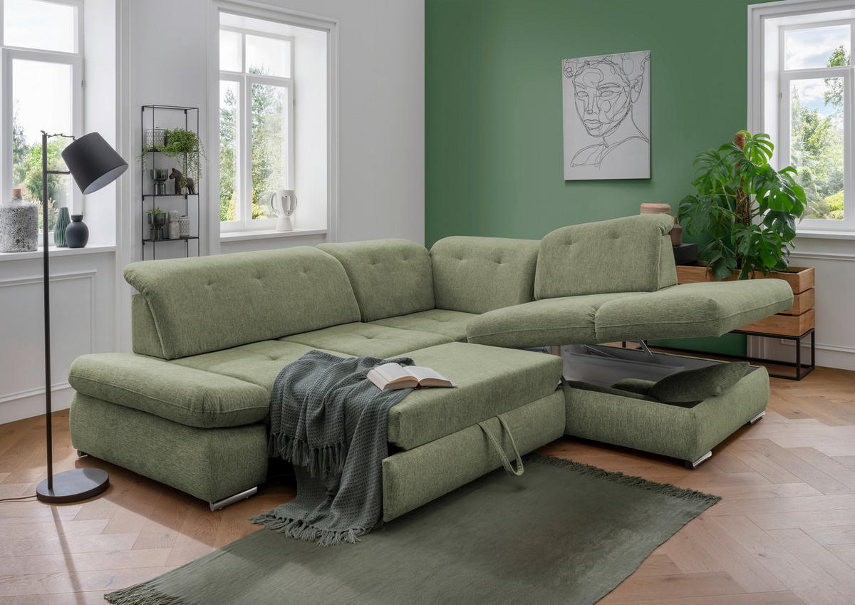 ECKSOFA in Chenille Grün  - Chromfarben/Grün, Design, Textil/Metall (280/254cm) - Livetastic