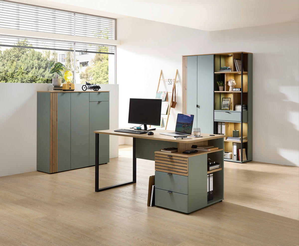 SCHREIBTISCH 150/77/73 cm Schwarz, Eiche Artisan, Schilfgrün  - Schilfgrün/Schwarz, KONVENTIONELL, Holzwerkstoff/Metall (150/77/73cm) - Voleo