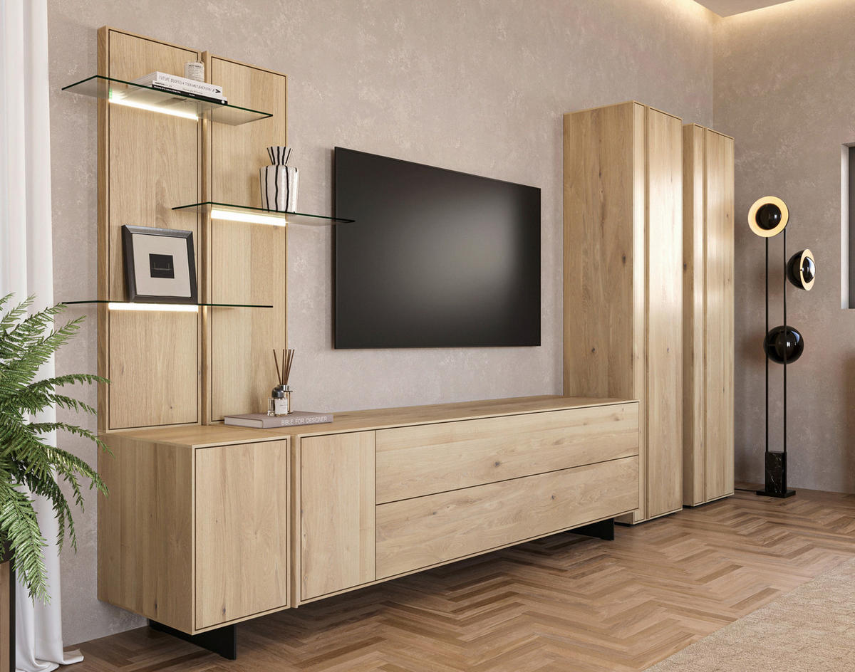 WOHNWAND  Eichefarben 363/205,8/50 cm  - Eichefarben/Schwarz, Natur, Glas/Holz (363/205,8/50cm) - Cassando