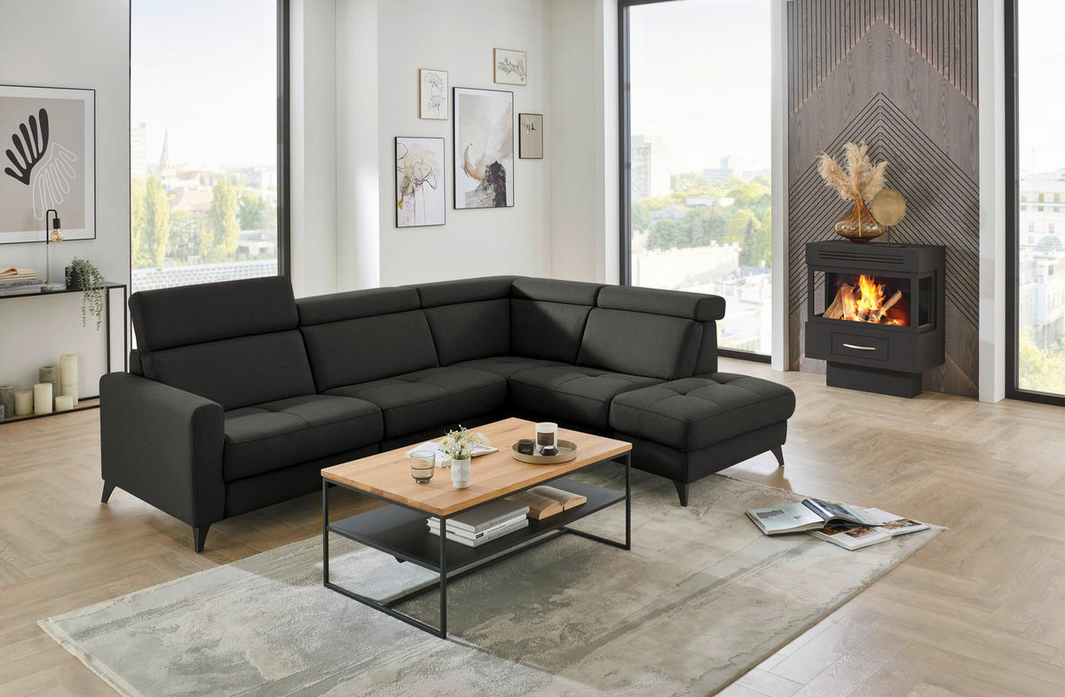 ECKSOFA Flachgewebe Schwarz  - Schwarz, Konventionell, Textil/Metall (276/214cm) - Beldomo System