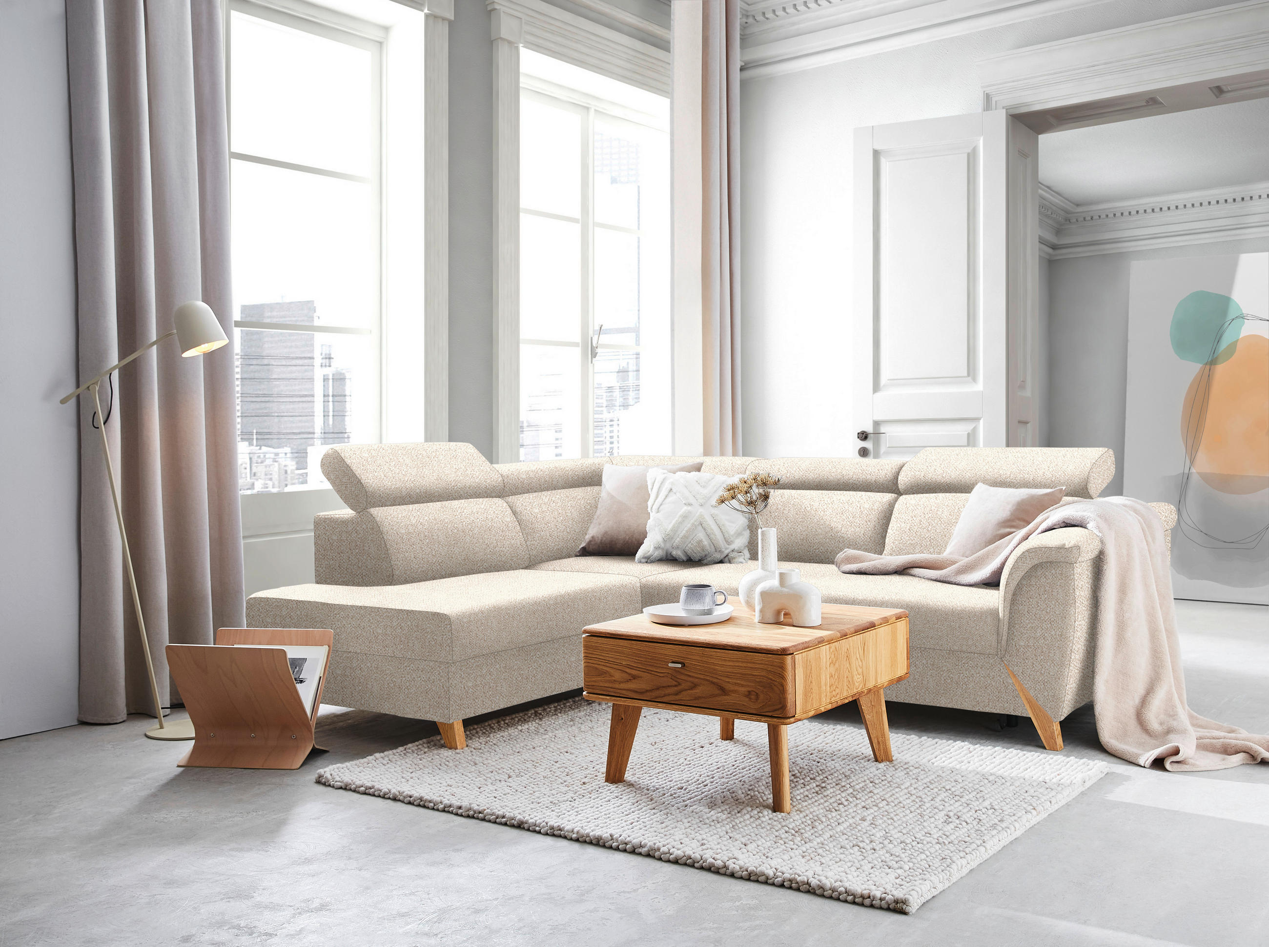 ECKSOFA in Bouclé Creme  200/265 cm  - Creme/Naturfarben, KONVENTIONELL, Holz/Textil (200/265cm) - Stylife
