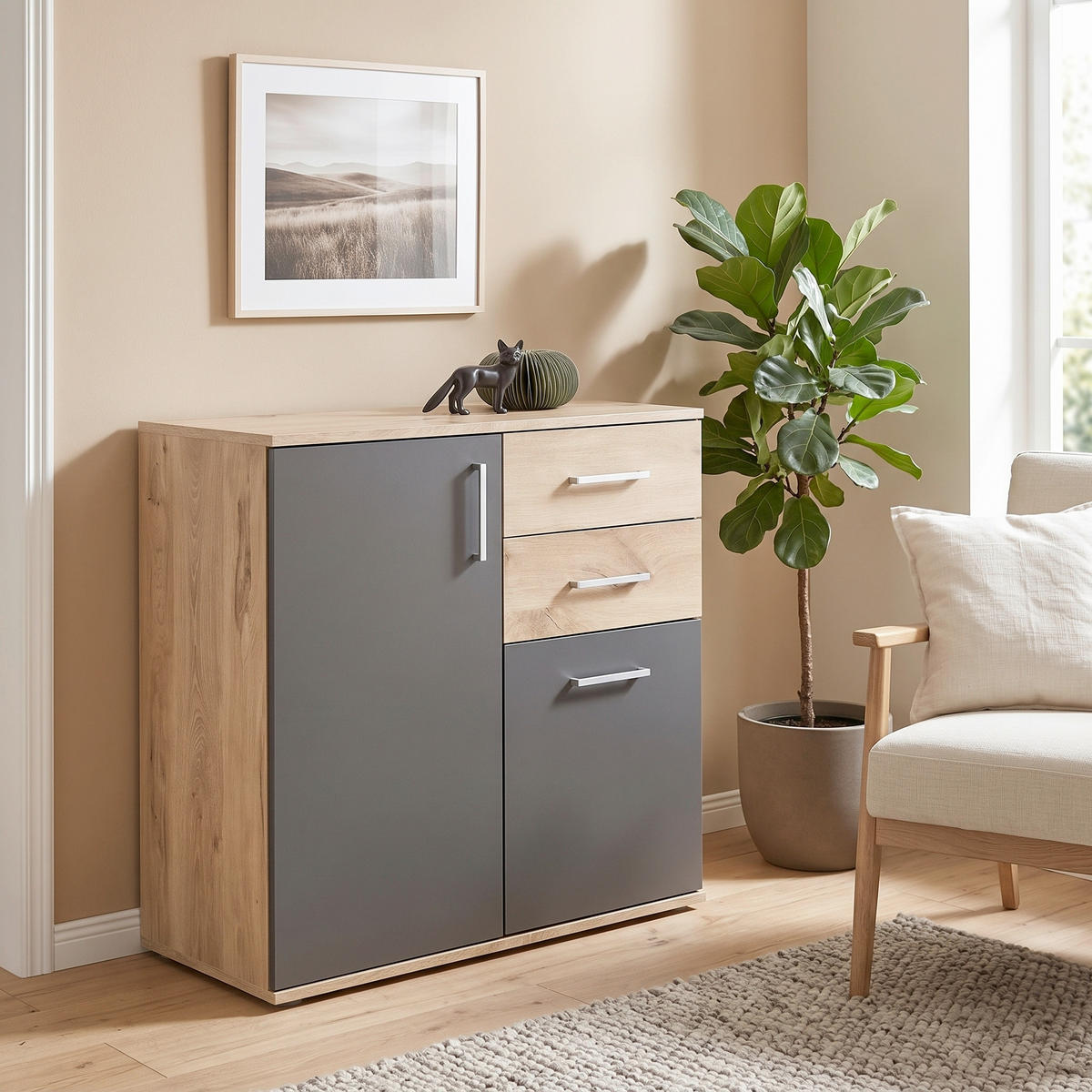KOMMODE , 80/84/35 cm, 2 Schublade(n)  - Eichefarben/Silberfarben, Design, Holzwerkstoff/Kunststoff (80/84/35cm) - MID.YOU