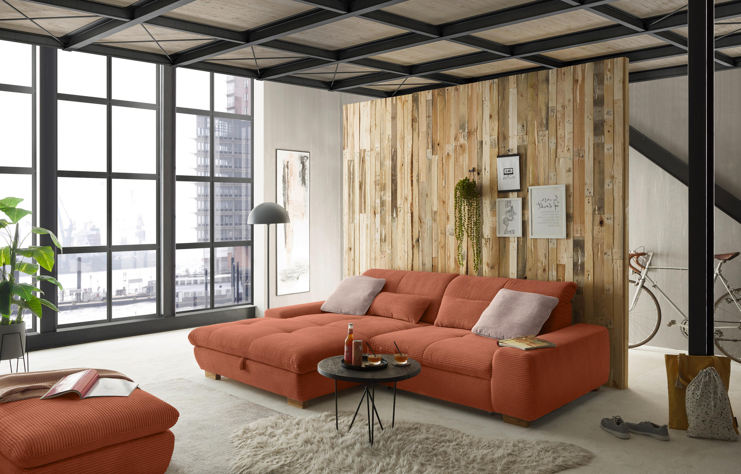 ECKSOFA Orange Cord  - Eichefarben/Orange, Design, Holz/Textil (198/276cm) - SetOne by Musterring