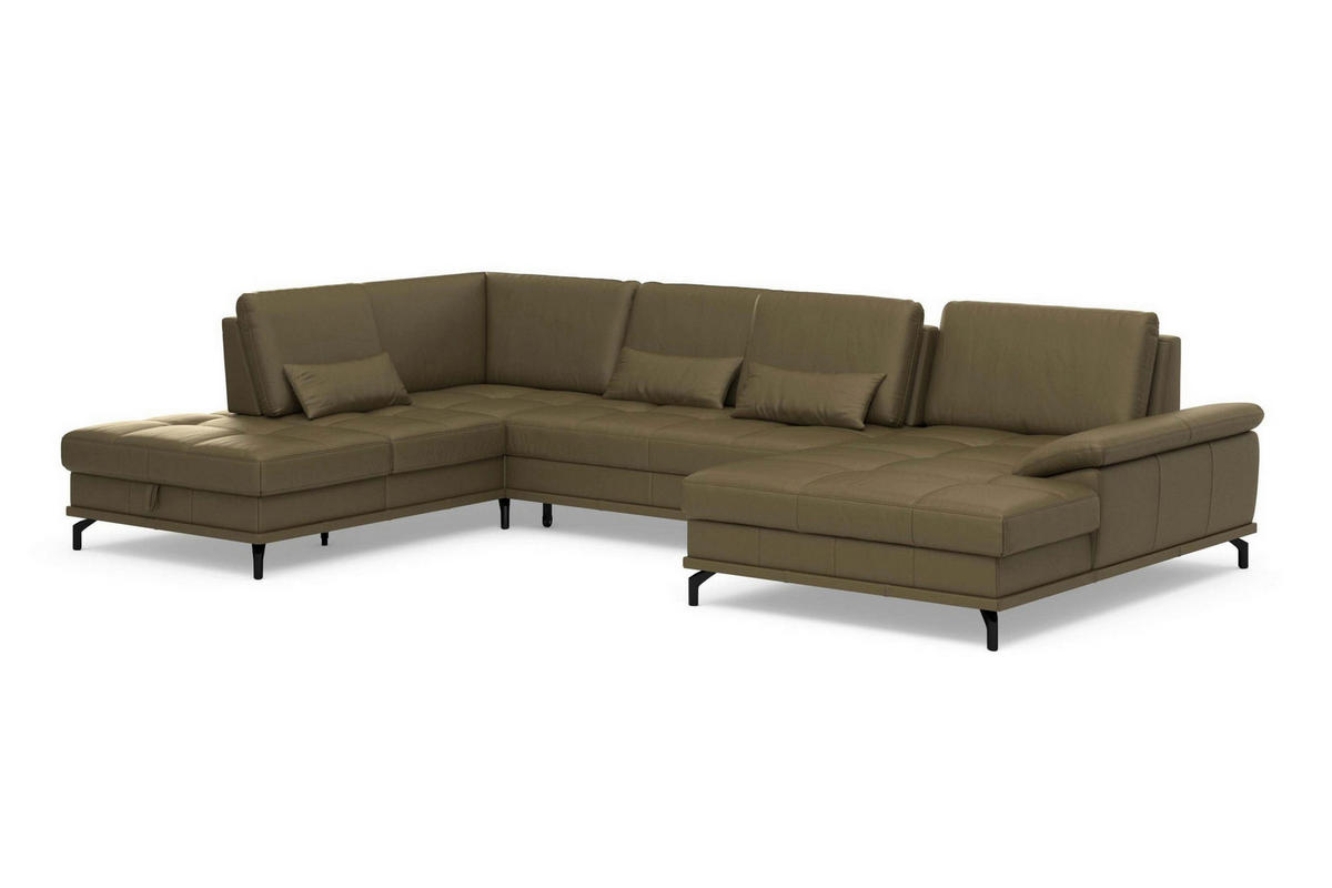 WOHNLANDSCHAFT COSTELLO E Olivgrün Kombination Echtleder/Stoff Mikrofaser  - Schwarz/Olivgrün, Basics, Leder/Textil (223/363/176cm) - Sit & More