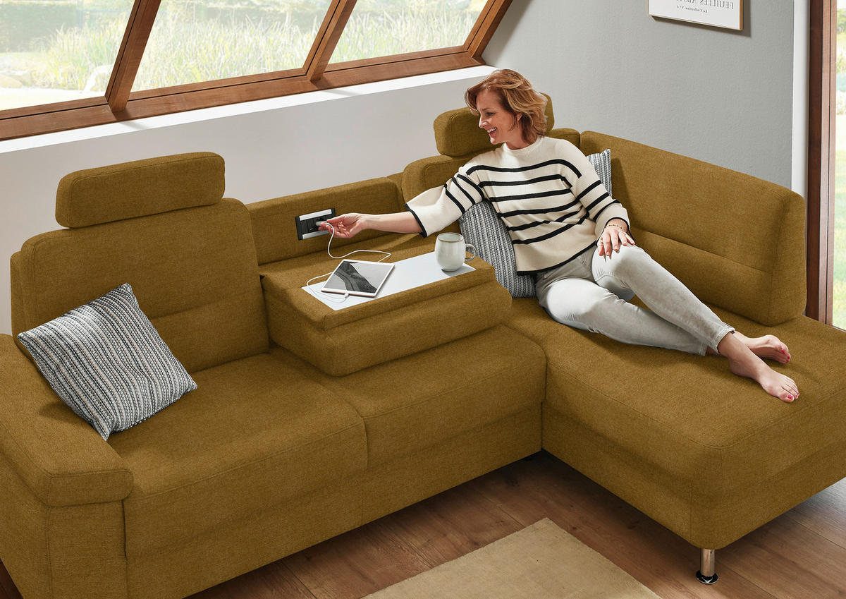 ECKSOFA  in Flachgewebe Currygelb  244/160 cm  - Currygelb/Alufarben, KONVENTIONELL, Textil/Metall (244/160cm) - Beldomo Comfort