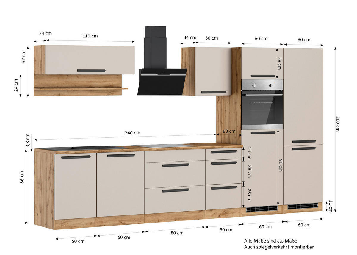 KÜCHENBLOCK Aveiro 360 cm  in Kaschmir, Eiche Wotan  - Kaschmir/Eiche Wotan, Trend, Holzwerkstoff/Metall (360cm) - Held