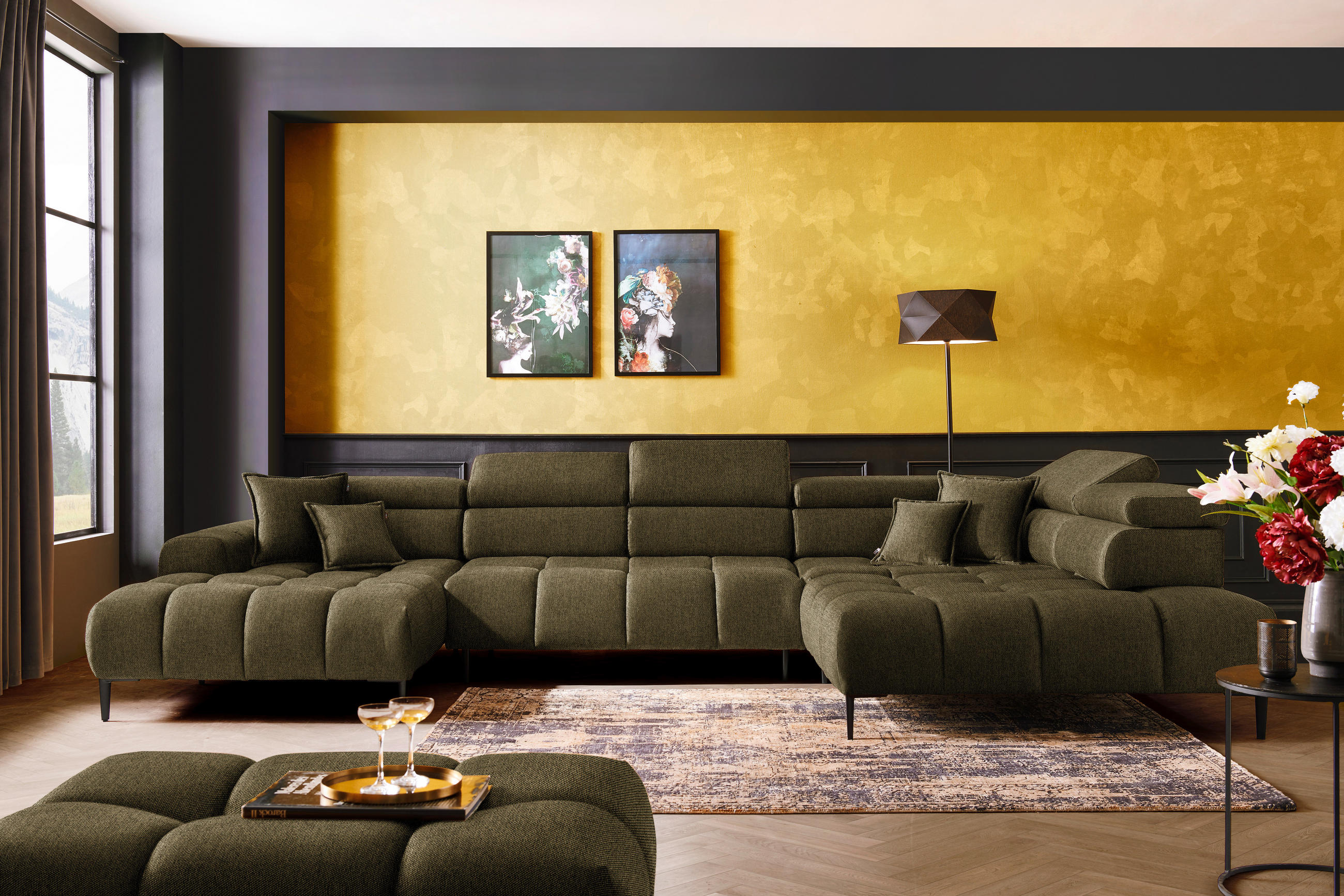 WOHNLANDSCHAFT in Webstoff Olivgrün  - Schwarz/Olivgrün, Design, Textil/Metall (177/385/216cm) - Welnova