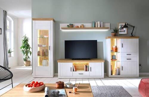 WOHNWAND in Eichefarben, Pinienfarben 351/205/50 cm - Eichefarben/Graphitfarben, Design, Glas/Holzwerkstoff (351/205/50cm) - MID.YOU