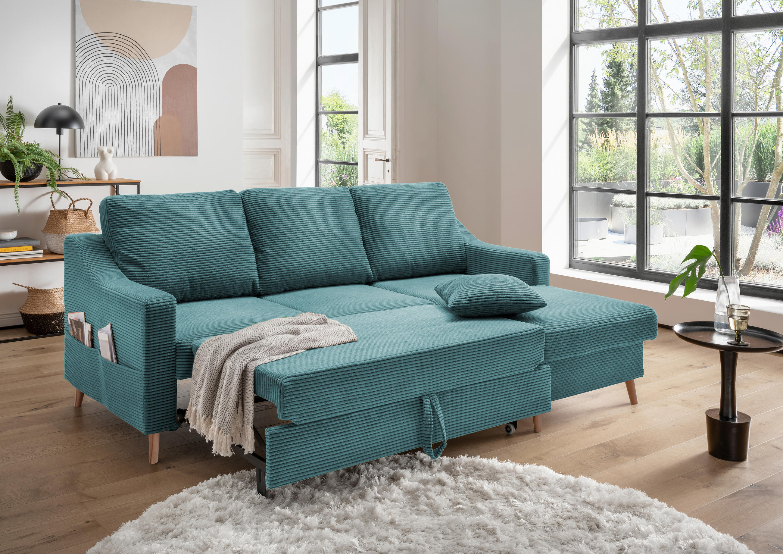 ECKSOFA in Cord Petrol  - Petrol/Naturfarben, Design, Holz/Textil (228/150cm) - P & B