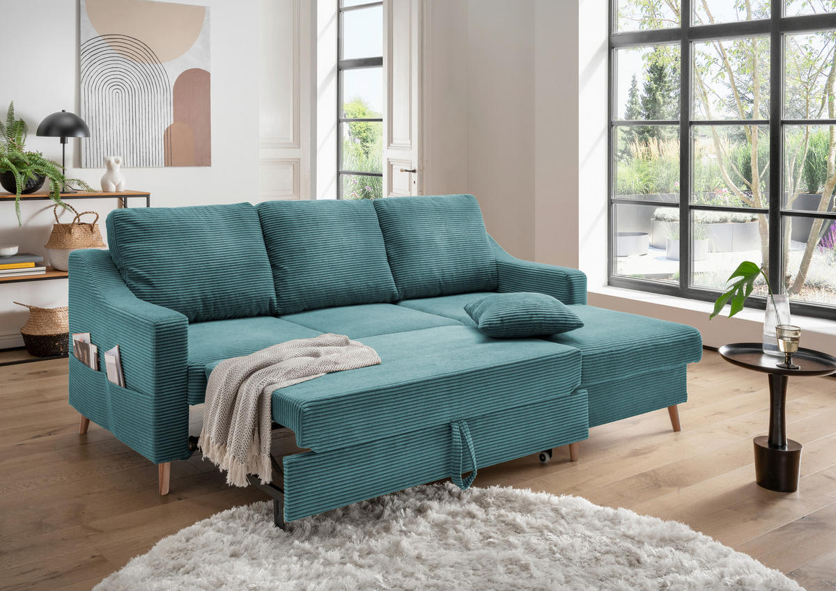 ECKSOFA in Cord Petrol  - Petrol/Naturfarben, Design, Holz/Textil (228/150cm) - P & B