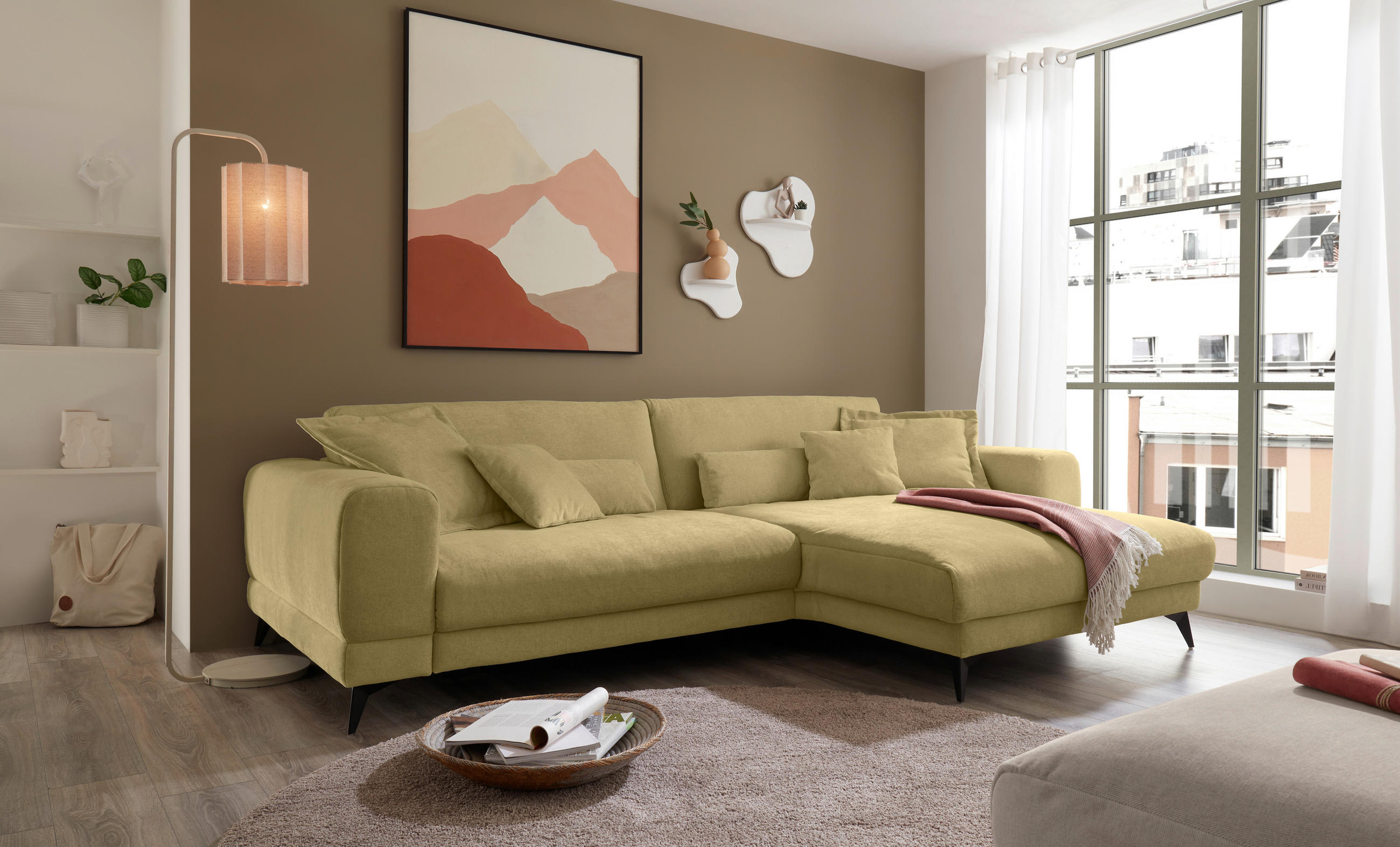 ECKSOFA Limette Chenille  - Limette/Schwarz, KONVENTIONELL, Textil/Metall (292/194cm) - SetOne by Musterring