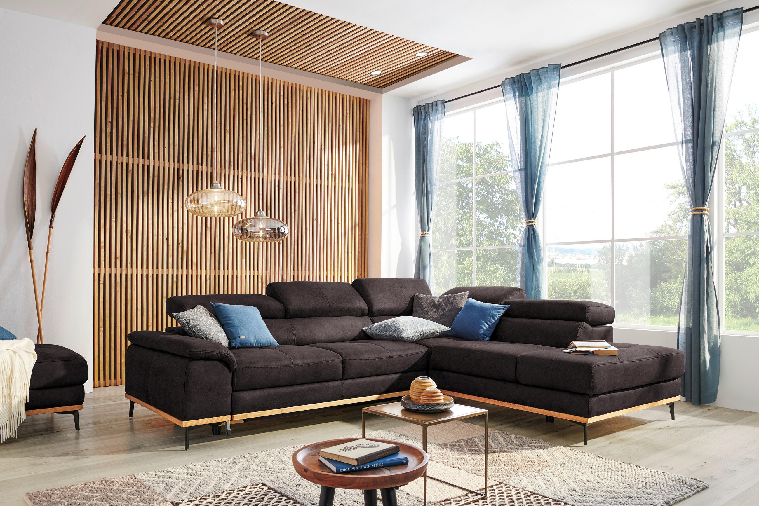 ECKSOFA in Lederlook Grau  - Schwarz/Grau, Natur, Holz/Textil (282/226cm) - Novel