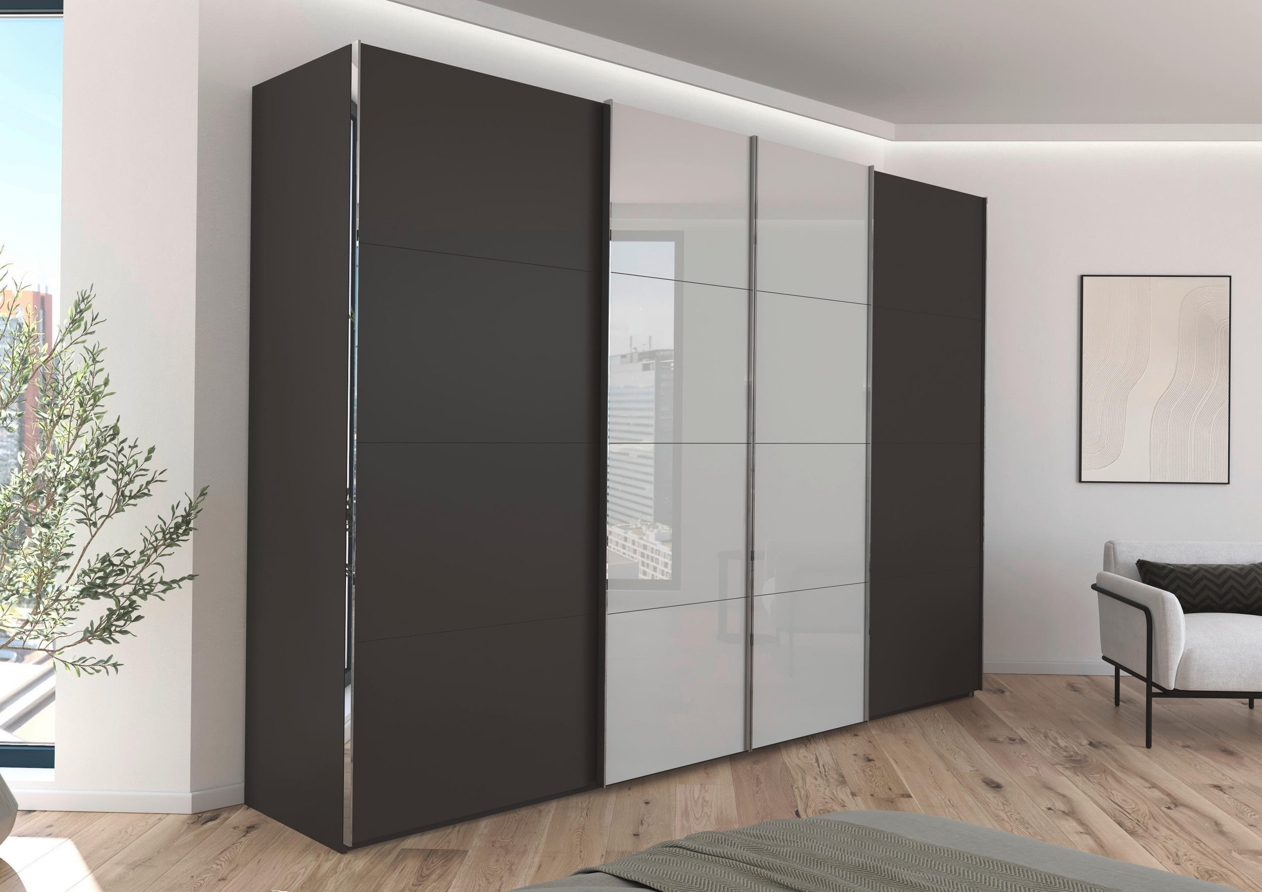 SCHWEBETÜRENSCHRANK 316/223/68 cm 4-türig Graphitfarben, Grau  - Chromfarben/Graphitfarben, KONVENTIONELL, Glas/Holzwerkstoff (316/223/68cm) - Novel