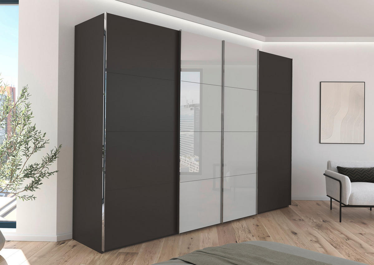 SCHWEBETÜRENSCHRANK 316/235/68 cm 4-türig Graphitfarben, Grau  - Chromfarben/Graphitfarben, KONVENTIONELL, Glas/Holzwerkstoff (316/235/68cm) - Novel