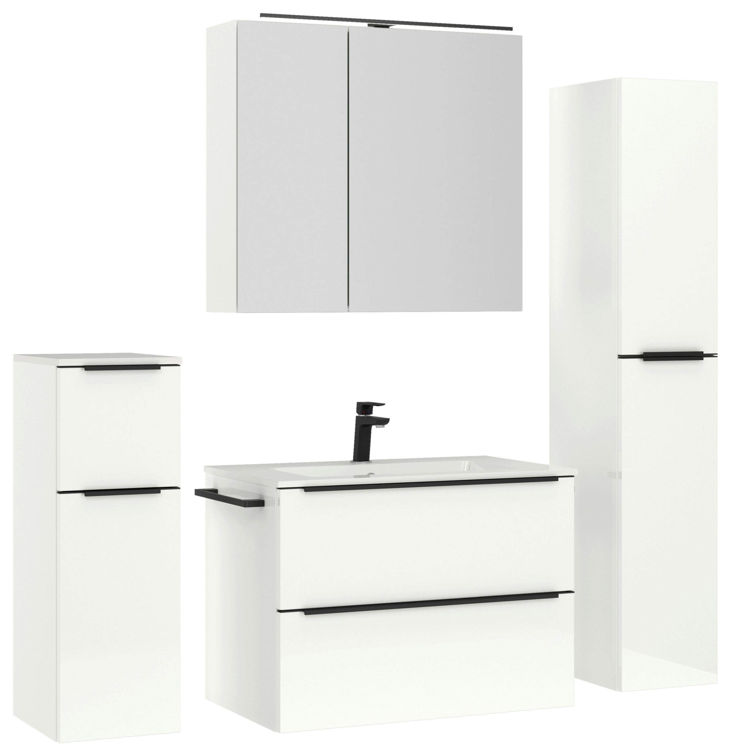 BADEZIMMER 5-teilig  in 141 cm  - Weiß Hochglanz/Schwarz, MODERN, Holzwerkstoff/Stein (141cm) - Nobilia