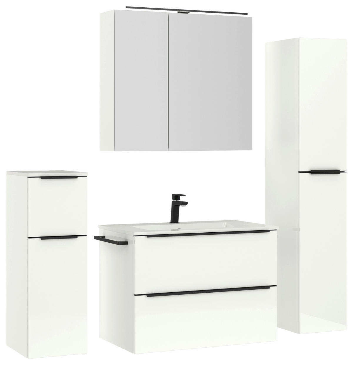 BADEZIMMER 5-teilig  in 141 cm  - Weiß Hochglanz/Schwarz, MODERN, Holzwerkstoff/Stein (141cm) - Nobilia