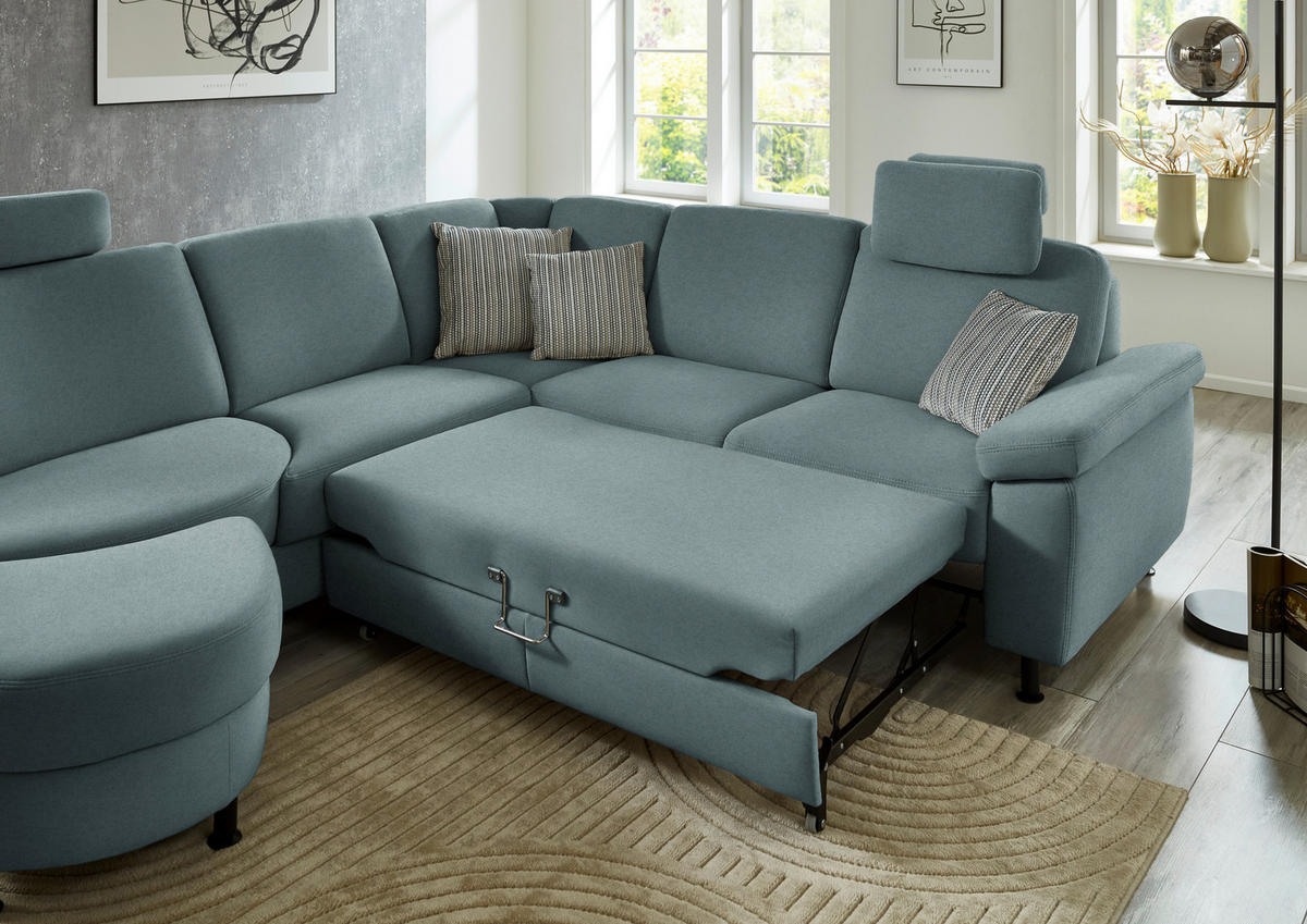 ECKSOFA Flachgewebe Blaugrau  - Blaugrau/Schwarz, Konventionell, Textil/Metall (252/248cm) - Beldomo Comfort