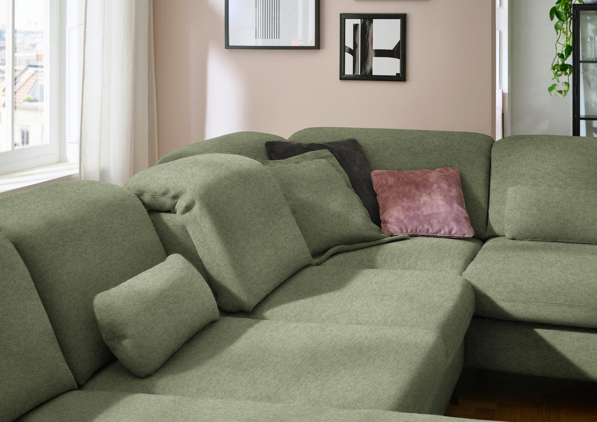 WOHNLANDSCHAFT  in Chenille Olivgrün  - Schwarz/Olivgrün, Design, Textil/Metall (198/369/255cm) - Beldomo Style