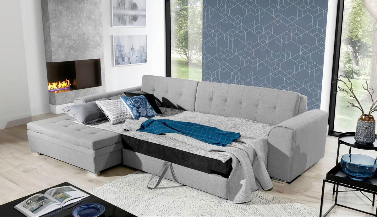 ECKSOFA  Grau, Weiß Webstoff  - Chromfarben/Weiß, Design, Kunststoff/Textil (194/296cm) - MID.YOU
