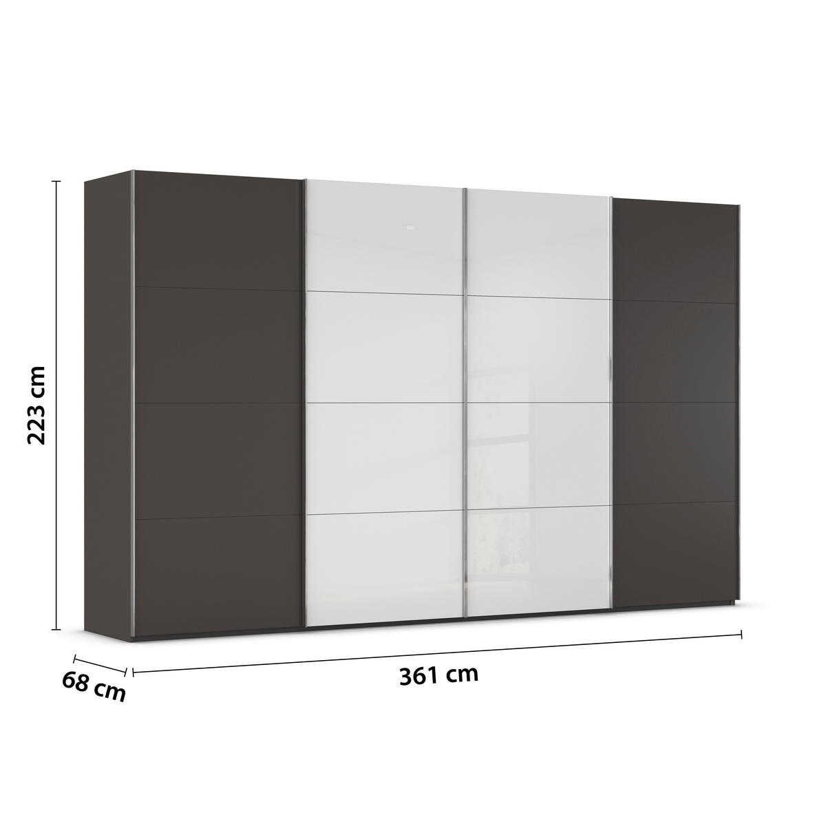 SCHWEBETÜRENSCHRANK 361/223/68 cm 4-türig Graphitfarben, Weiß  - Chromfarben/Graphitfarben, KONVENTIONELL, Glas/Holzwerkstoff (361/223/68cm) - Novel
