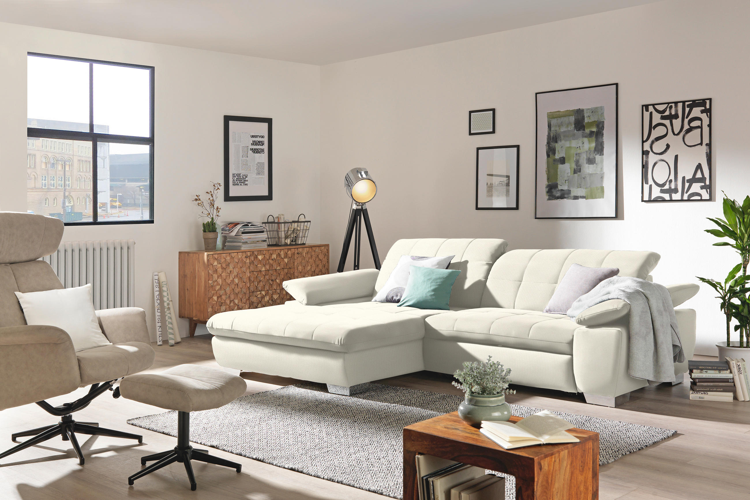 ECKSOFA in Mikrofaser Weiss  - Chromfarben/Weiss, Design, Textil/Metall (180/265cm) - Carryhome