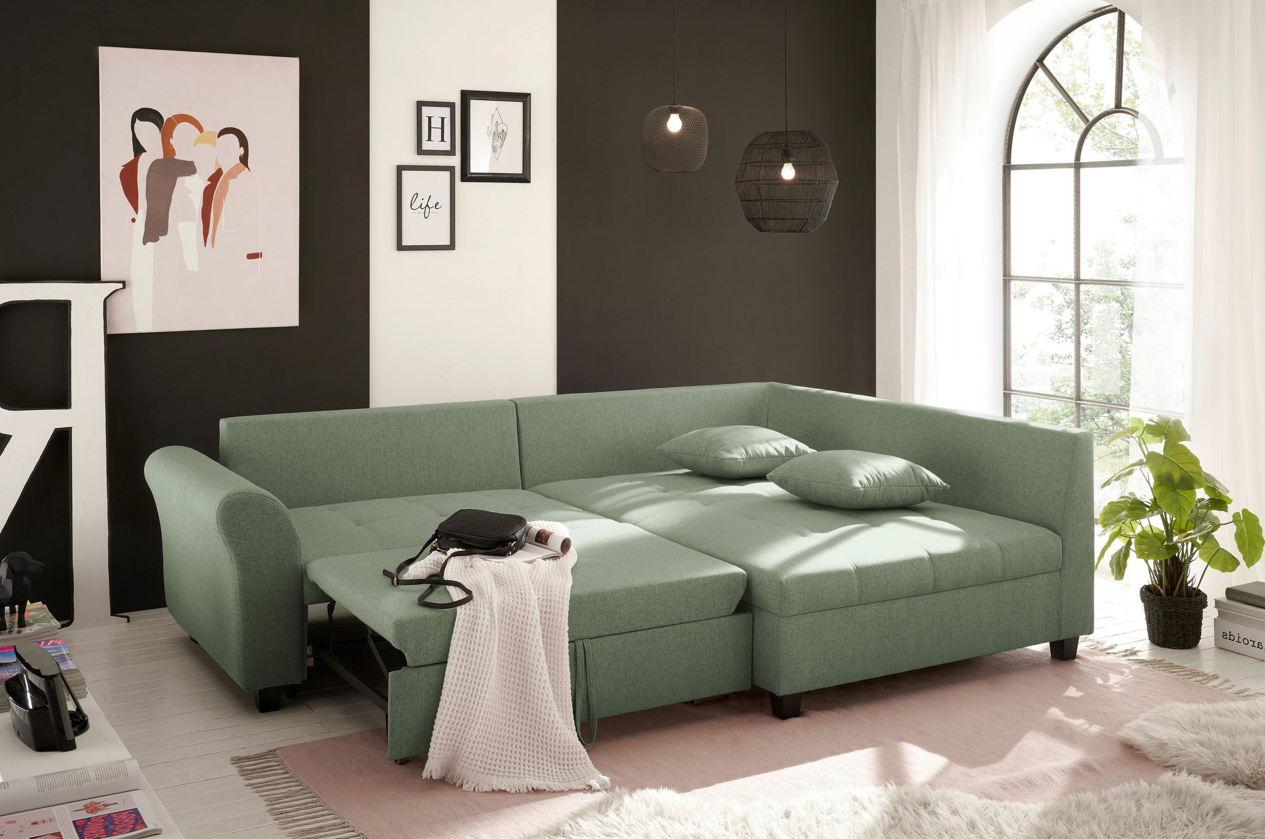 ECKSOFA Grün Webstoff  - Schwarz/Grün, MODERN, Kunststoff/Textil (252/175cm) - Livetastic