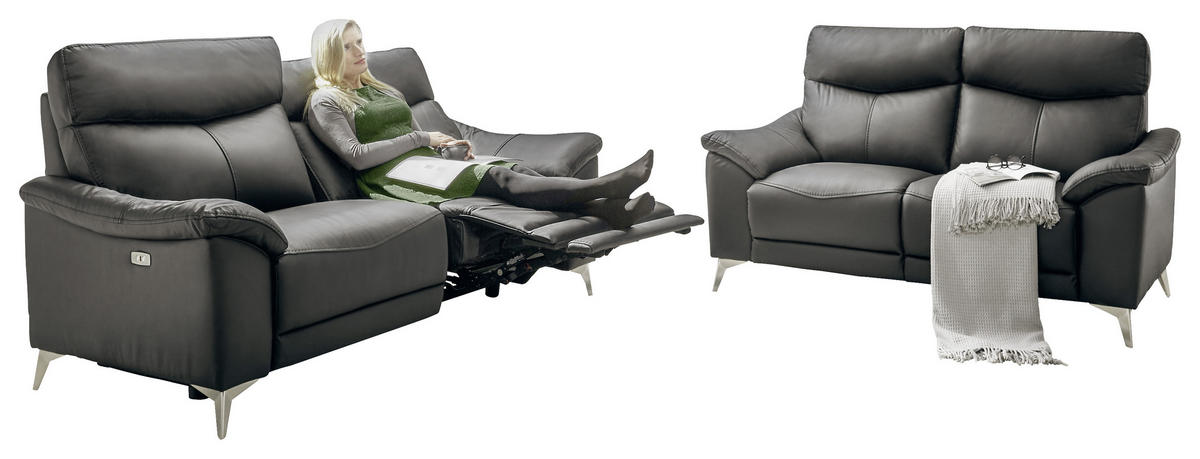 2-SITZER-SOFA Kombination Echtleder/Lederlook Lederlook Schwarz  - Edelstahlfarben/Schwarz, Design, Leder/Textil (168/102/92cm) - Xora