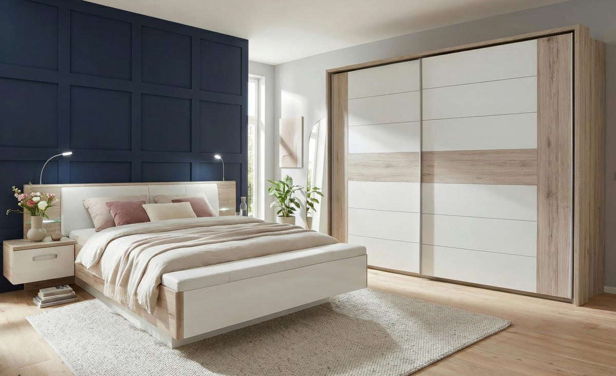 Set Pat Cu Noptiere, nisipiu, alb lucios intens - nisipiu/alb lucios intens, Design, material pe bază de lemn/piele (180/200cm) - Xora