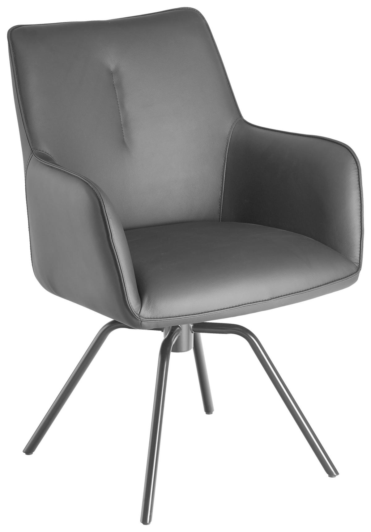 ARMLEHNSTUHL  Sitzfläche 360° drehbar, inklusive Armlehnen, automatische Rückholfunktion  Echtleder  - Schwarz, Design, Leder/Metall (59/87/62cm) - Novel