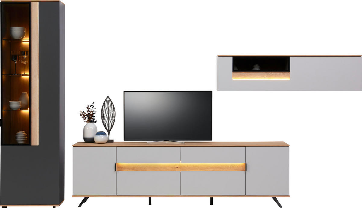 WOHNWAND CREMONA 4-teilig  in Anthrazit, Eichefarben, Hellgrau    - Eichefarben/Anthrazit, Design, Glas/Holz (370/214,6/48cm) - Dieter Knoll